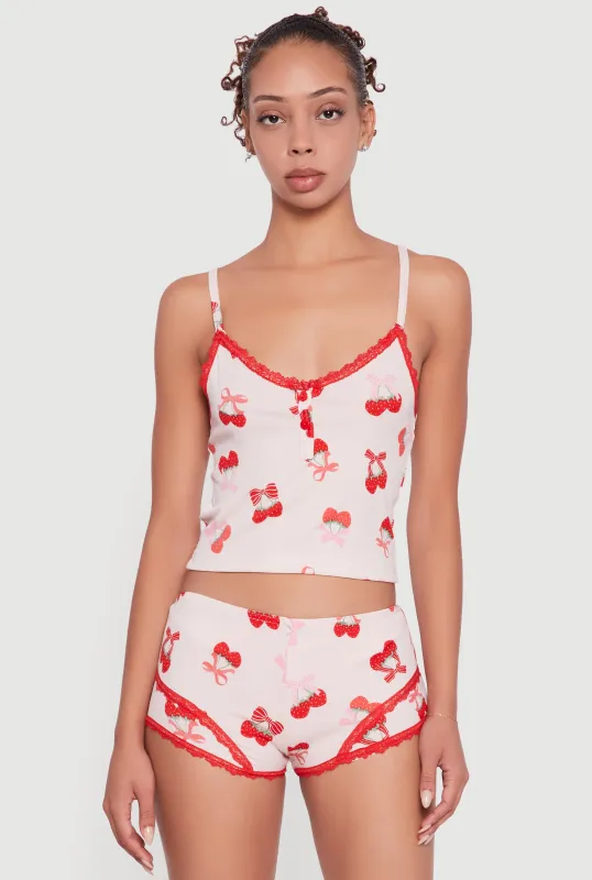 Strawberry Cherry Print Cropped Pajama Cami and Shorts sold by Rainbow
