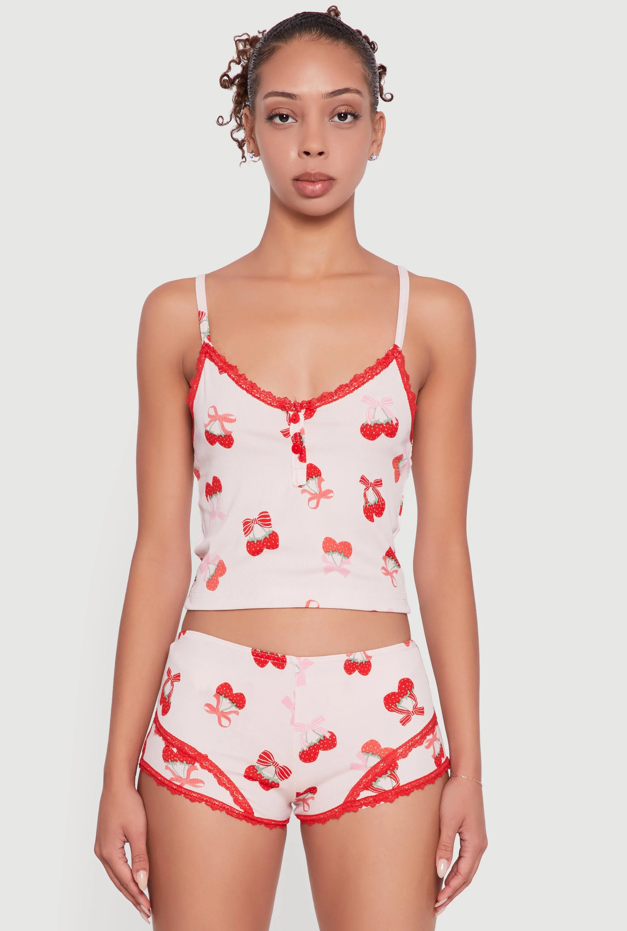 Strawberry Cherry Print Cropped Pajama Cami and Shorts sold by Rainbow product image thumbnail 2