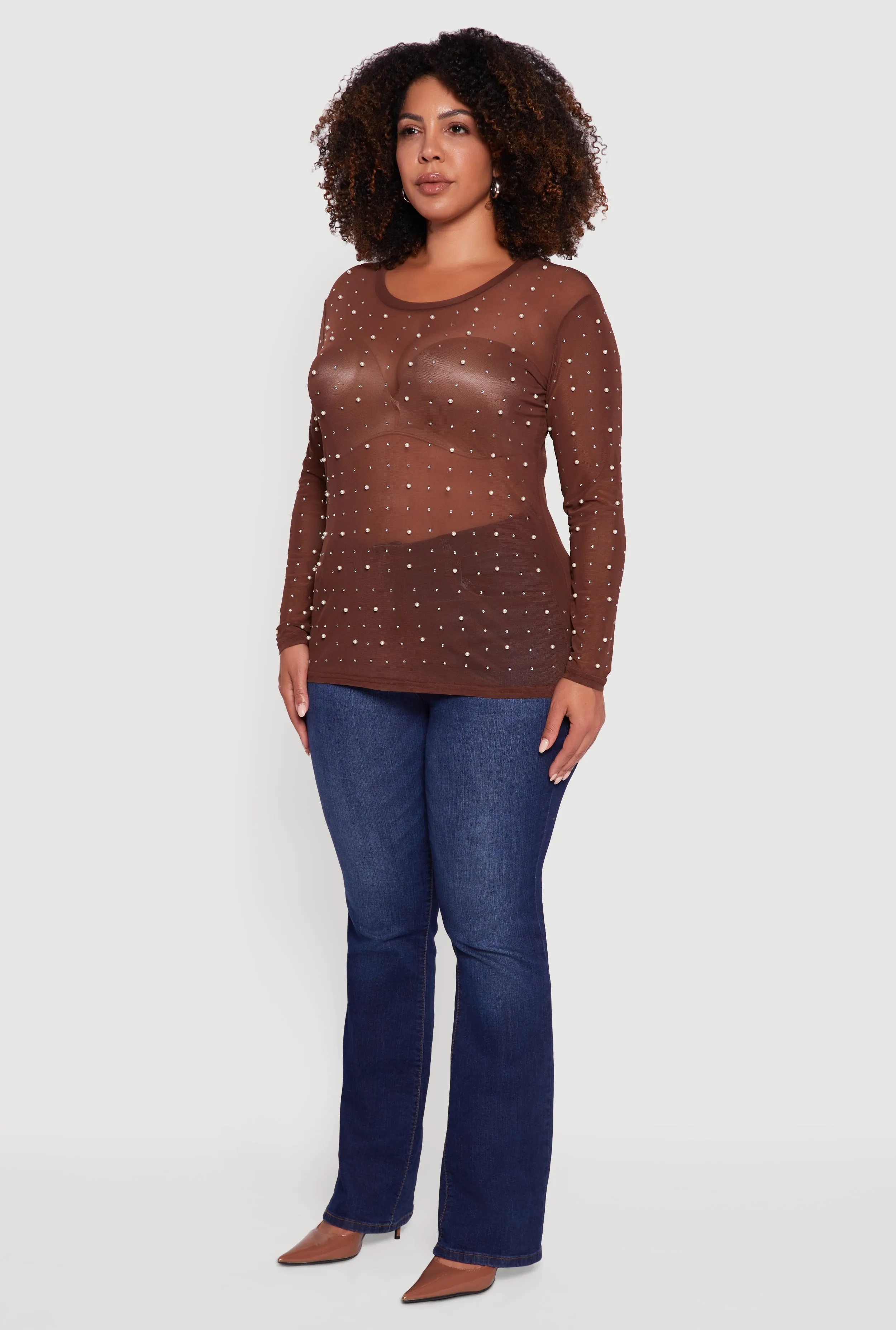 Plus Size Sheer Mesh Top with Faux Pearls and Rhinestones sold by Rainbow product image thumbnail 5