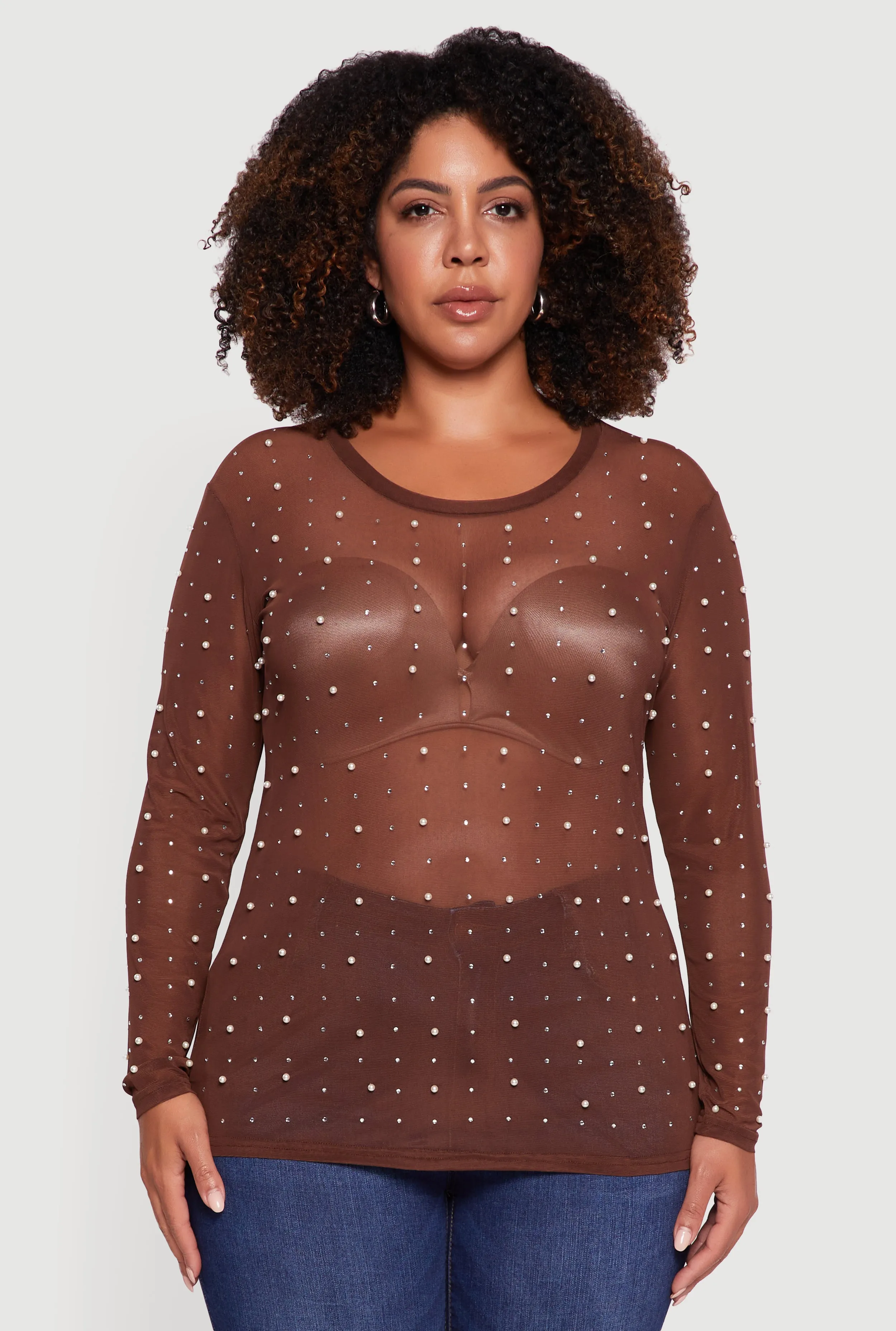 Plus Size Sheer Mesh Top with Faux Pearls and Rhinestones sold by Rainbow product image thumbnail 2