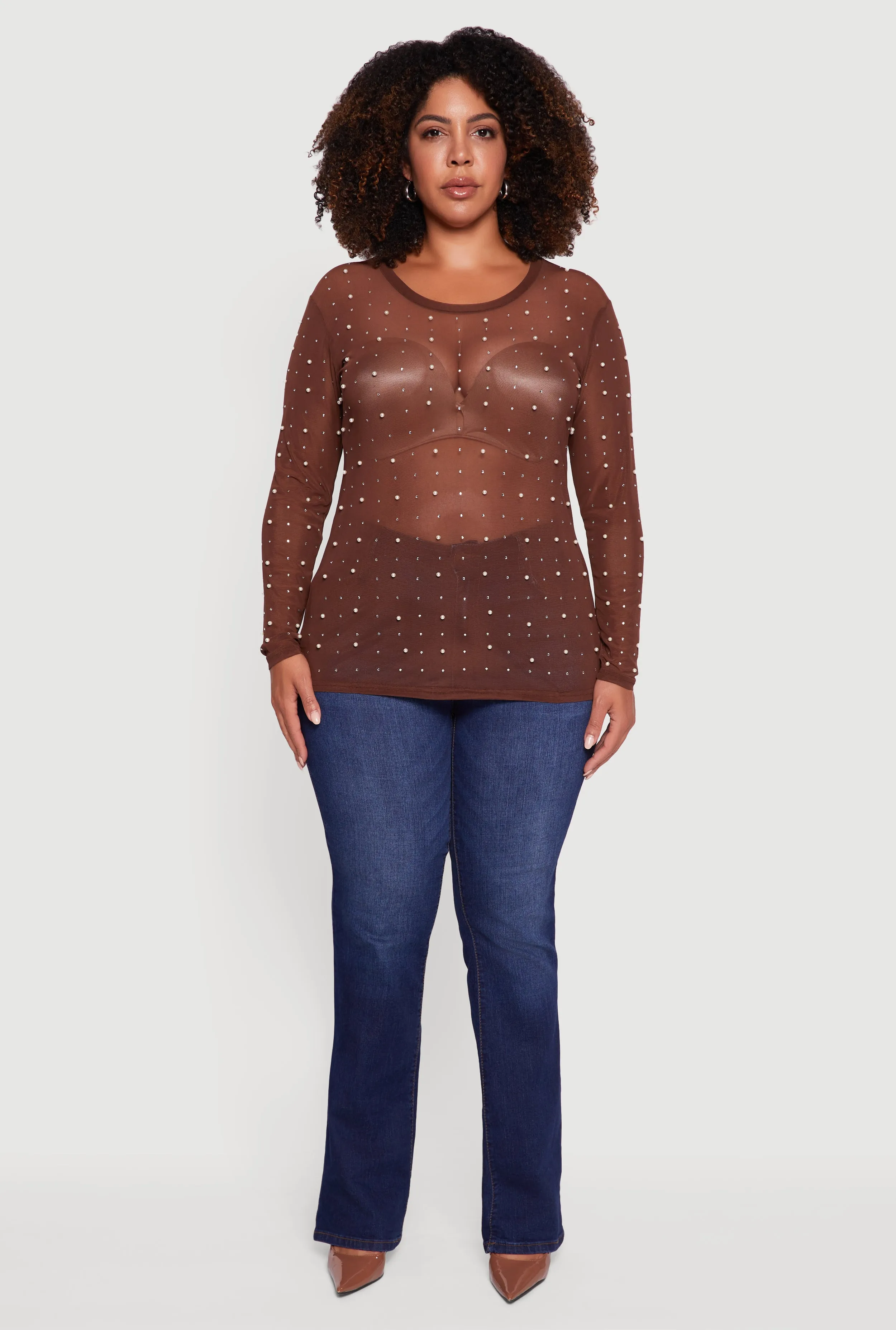Plus Size Sheer Mesh Top with Faux Pearls and Rhinestones sold by Rainbow product image thumbnail 3