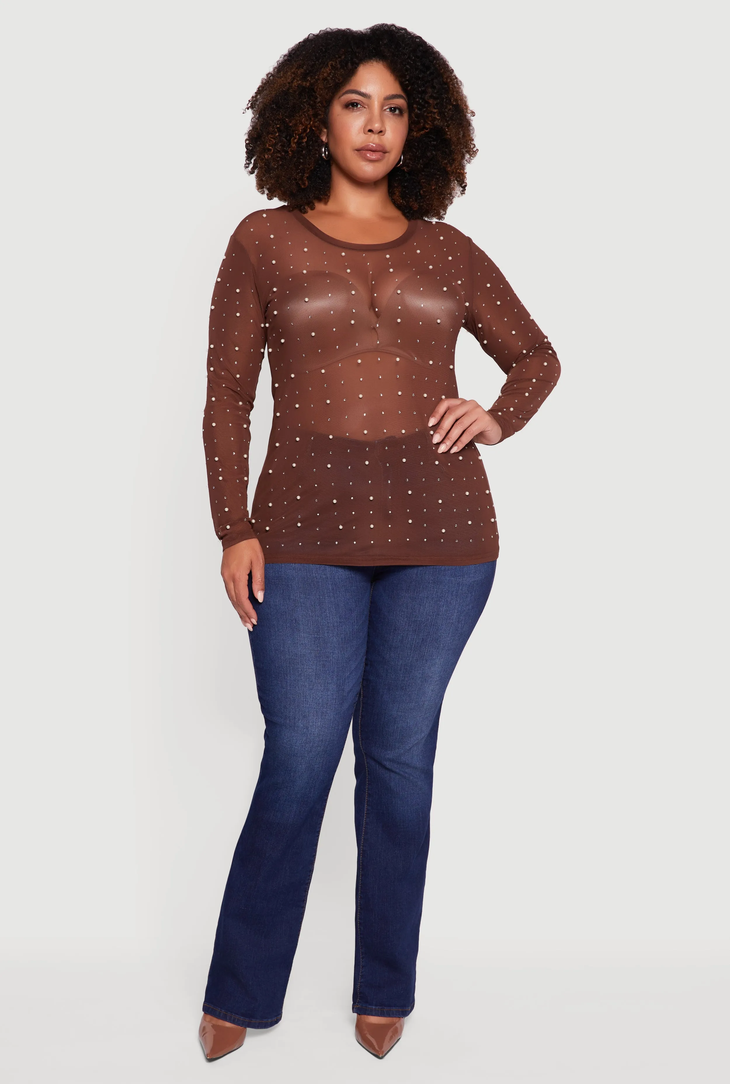 Plus Size Sheer Mesh Top with Faux Pearls and Rhinestones sold by Rainbow