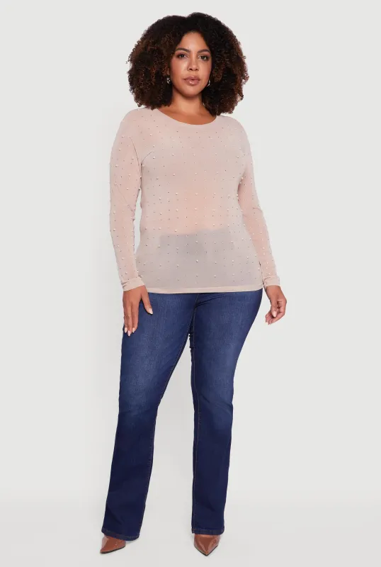 Plus Size Sheer Mesh Top with Faux Pearls and Rhinestones sold by Rainbow