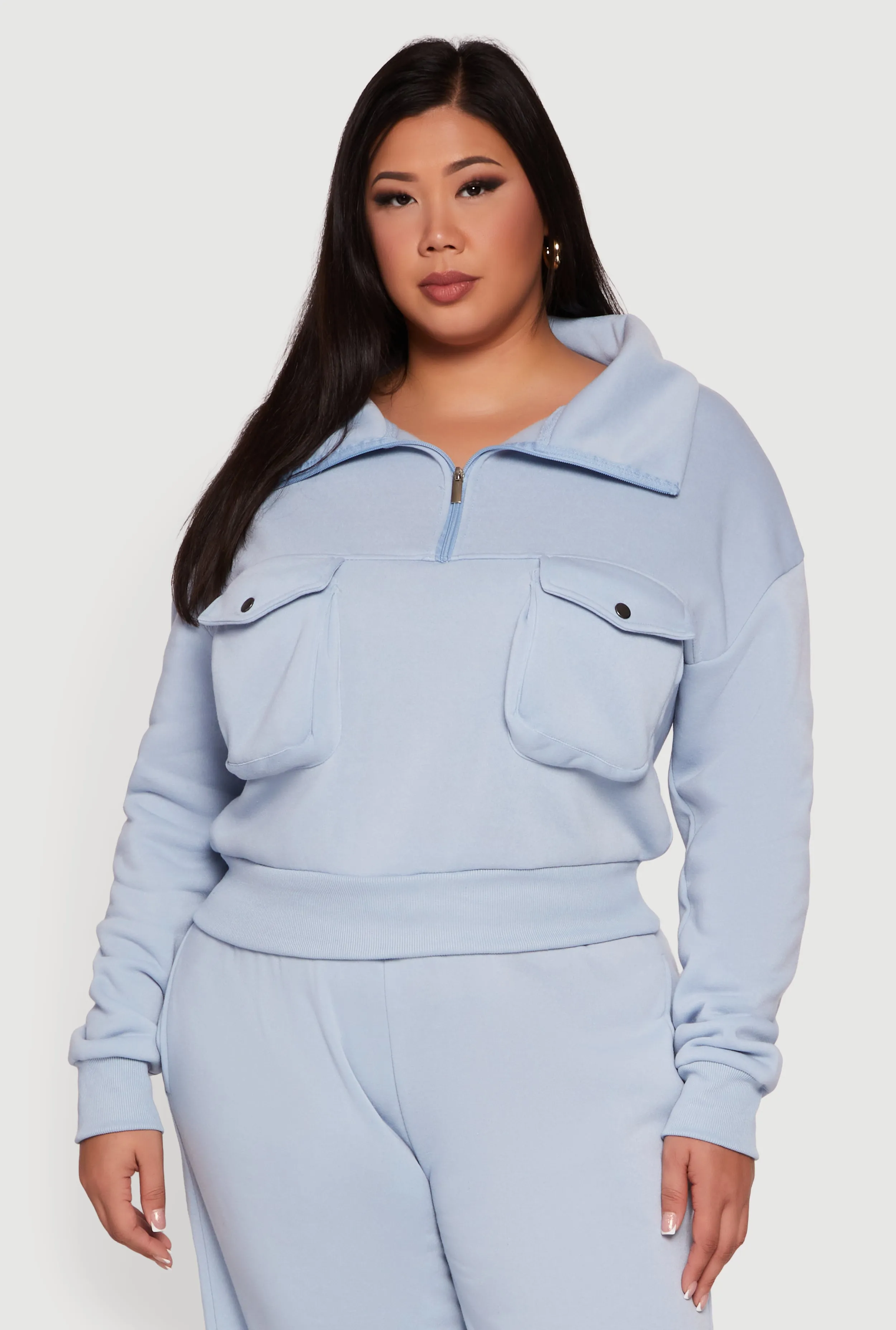Plus Size Half Zip Collared Cargo Pocket Sweatshirt sold by Rainbow