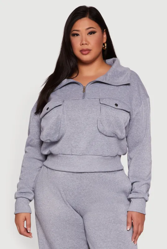 Plus Size Half Zip Collared Cargo Pocket Sweatshirt sold by Rainbow