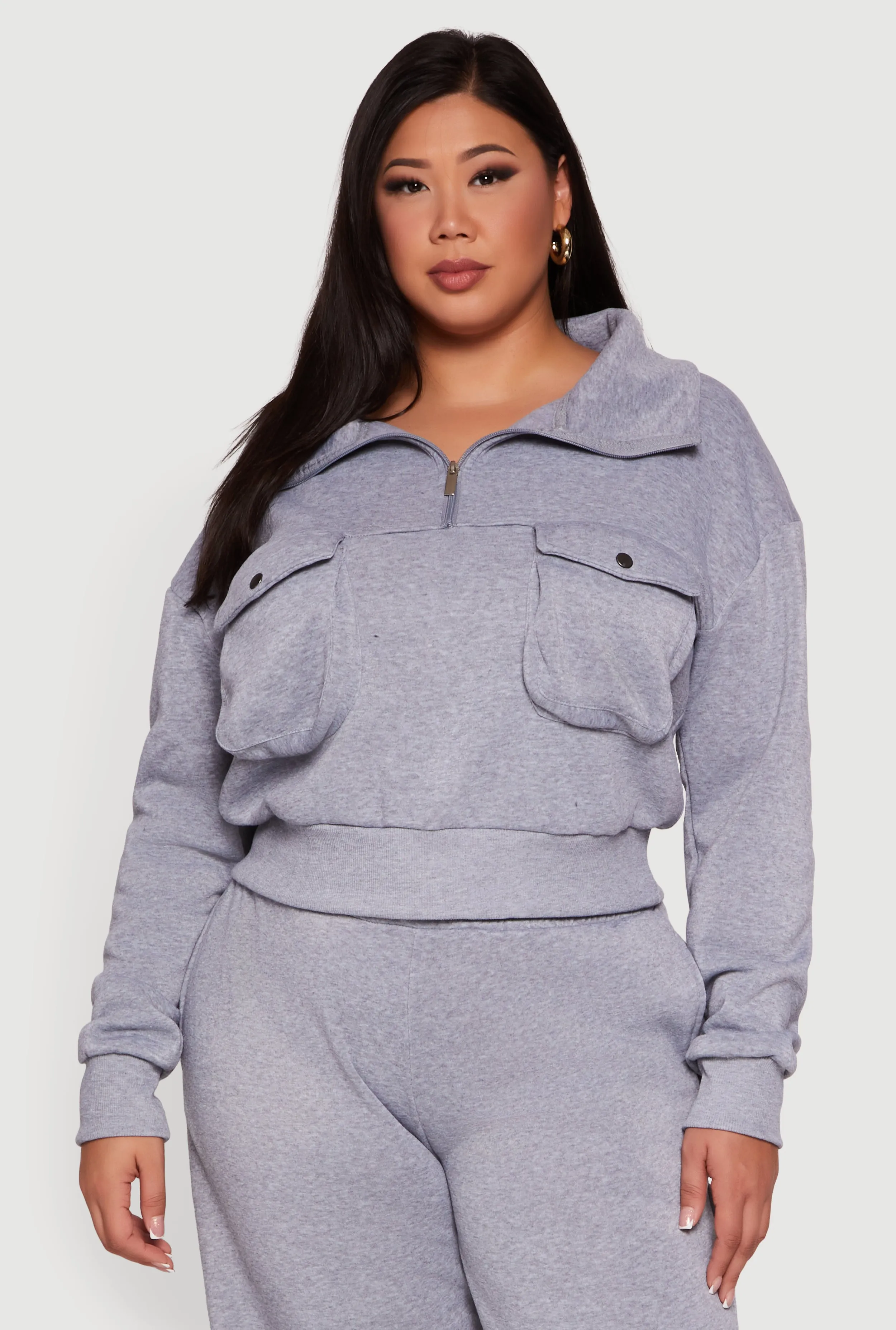 Plus Size Half Zip Collared Cargo Pocket Sweatshirt sold by Rainbow