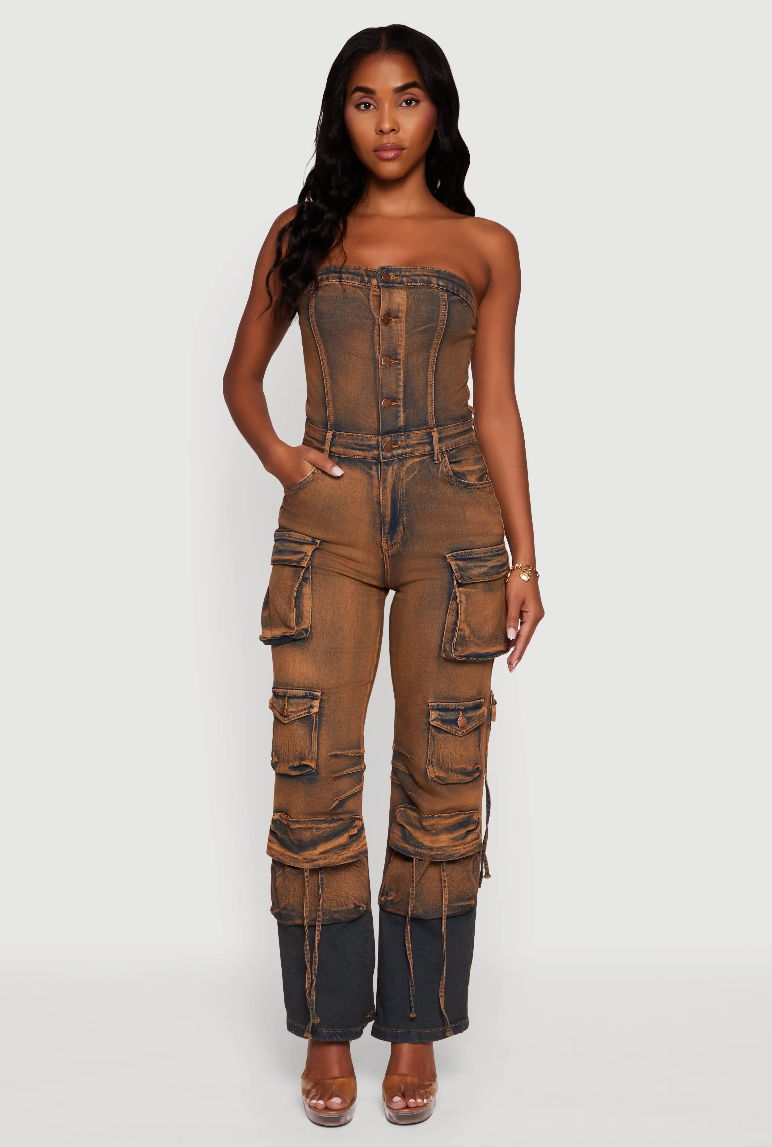 Denim Button Front Utility Jumpsuit sold by Rainbow