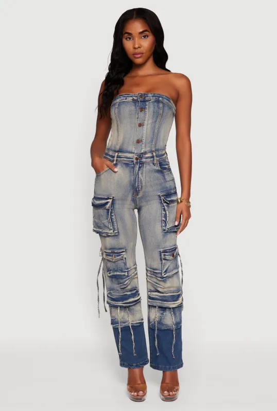 Denim Button Front Utility Jumpsuit sold by Rainbow