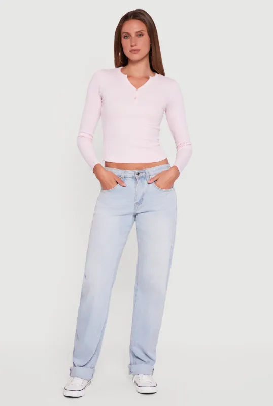 Cropped Long Sleeve Notch Neck Henley Top sold by Rainbow