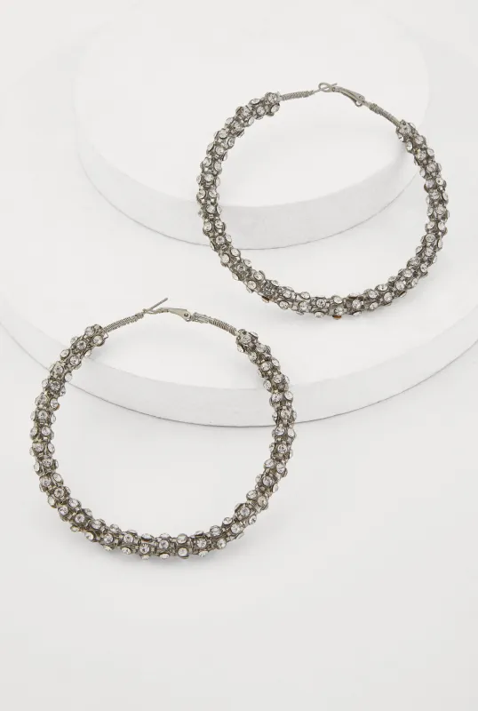 Metallic Rhinestone Encrusted Hoop Earrings sold by Rainbow