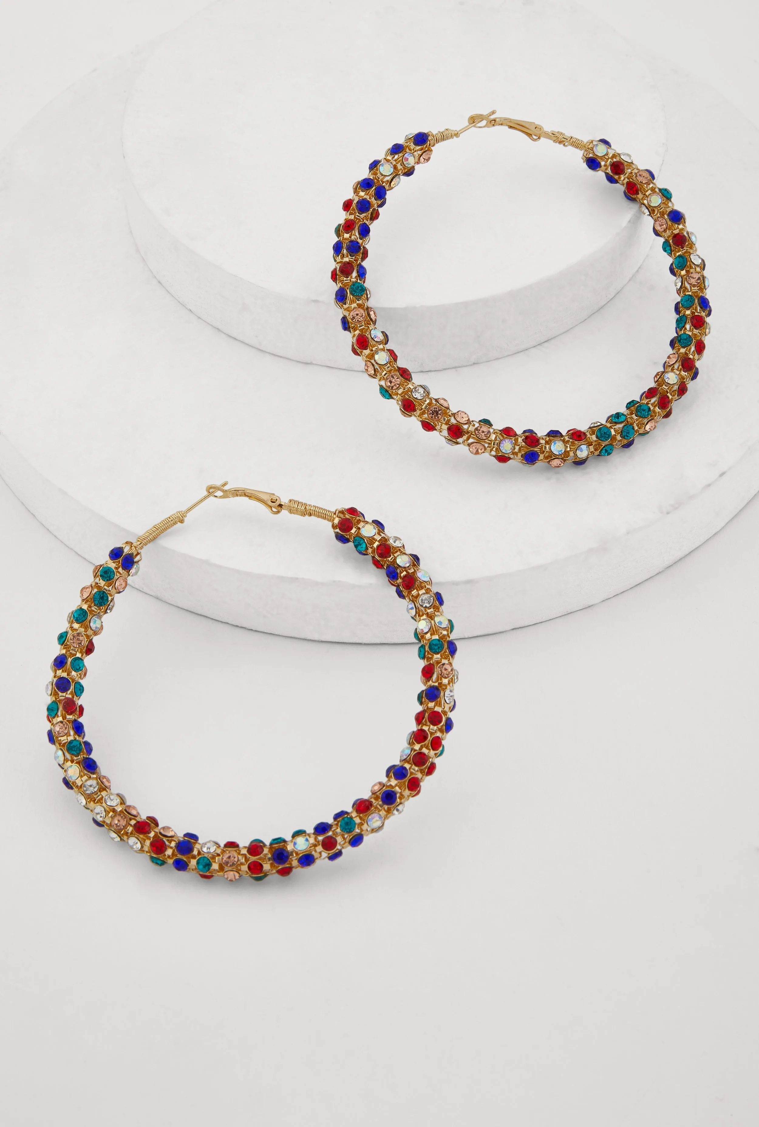 Metallic Rhinestone Encrusted Hoop Earrings sold by Rainbow