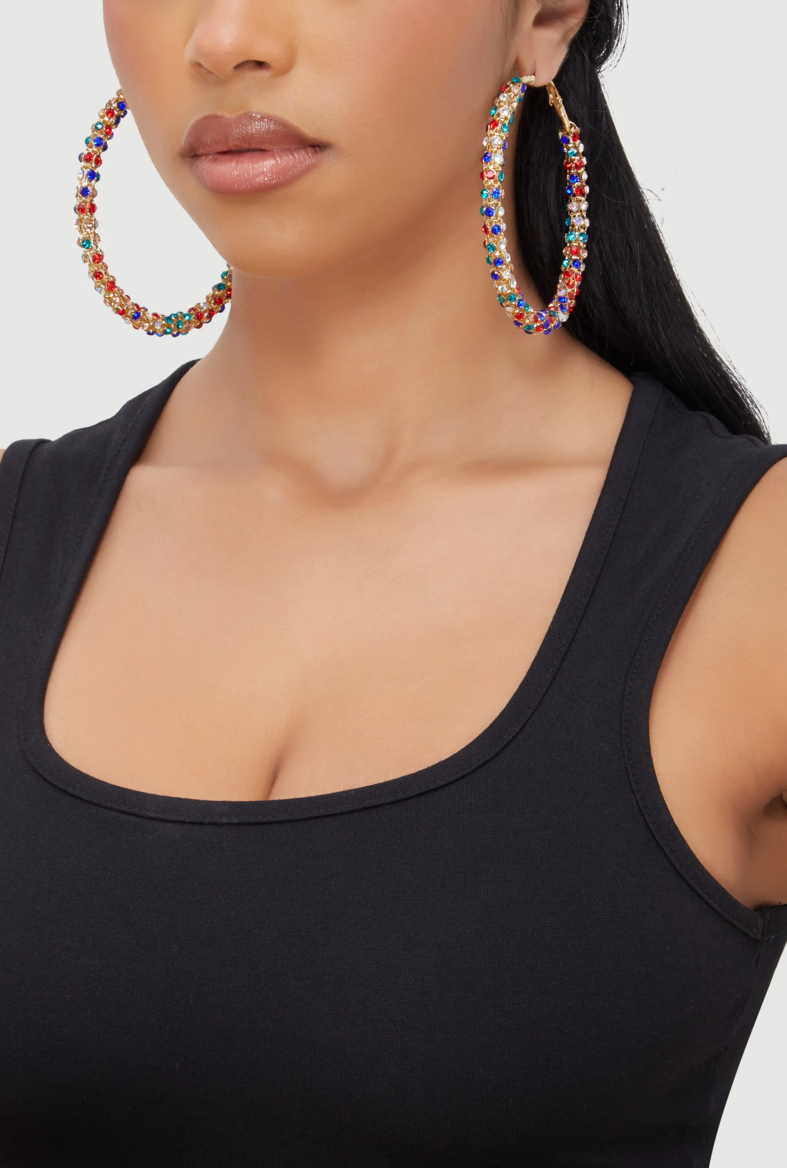 Metallic Rhinestone Encrusted Hoop Earrings sold by Rainbow product image thumbnail 2