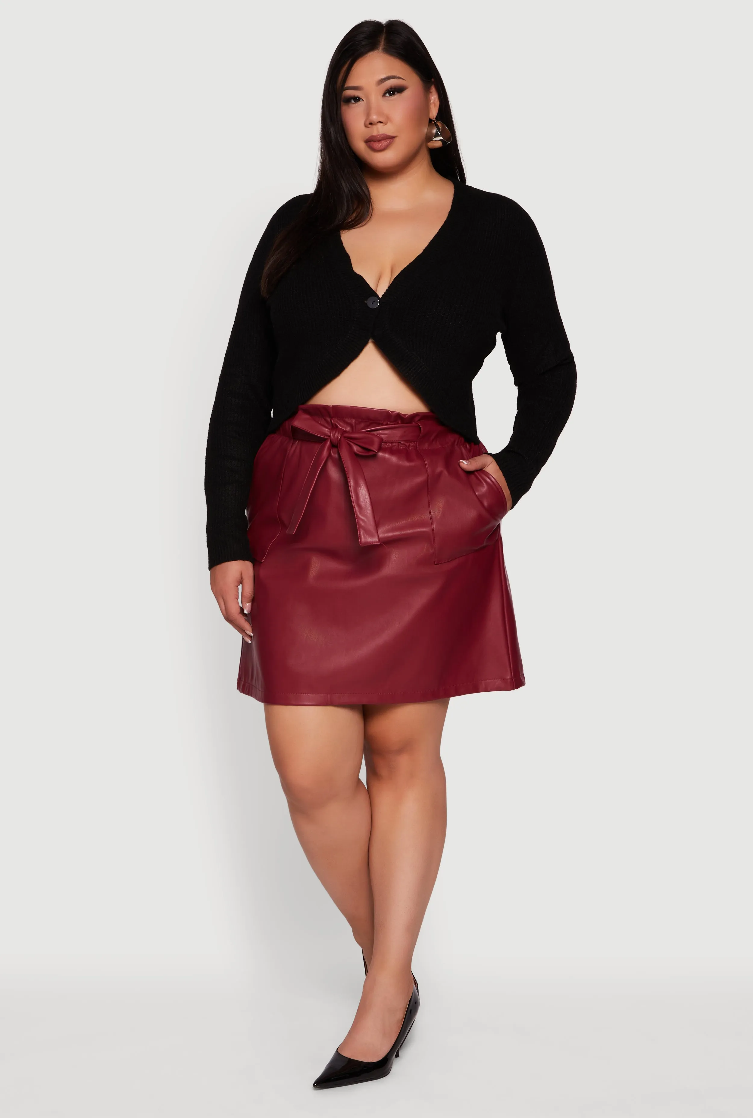 Plus Size Faux Leather Tie Waist Belted Paper Bag Waist Skirt sold by Rainbow