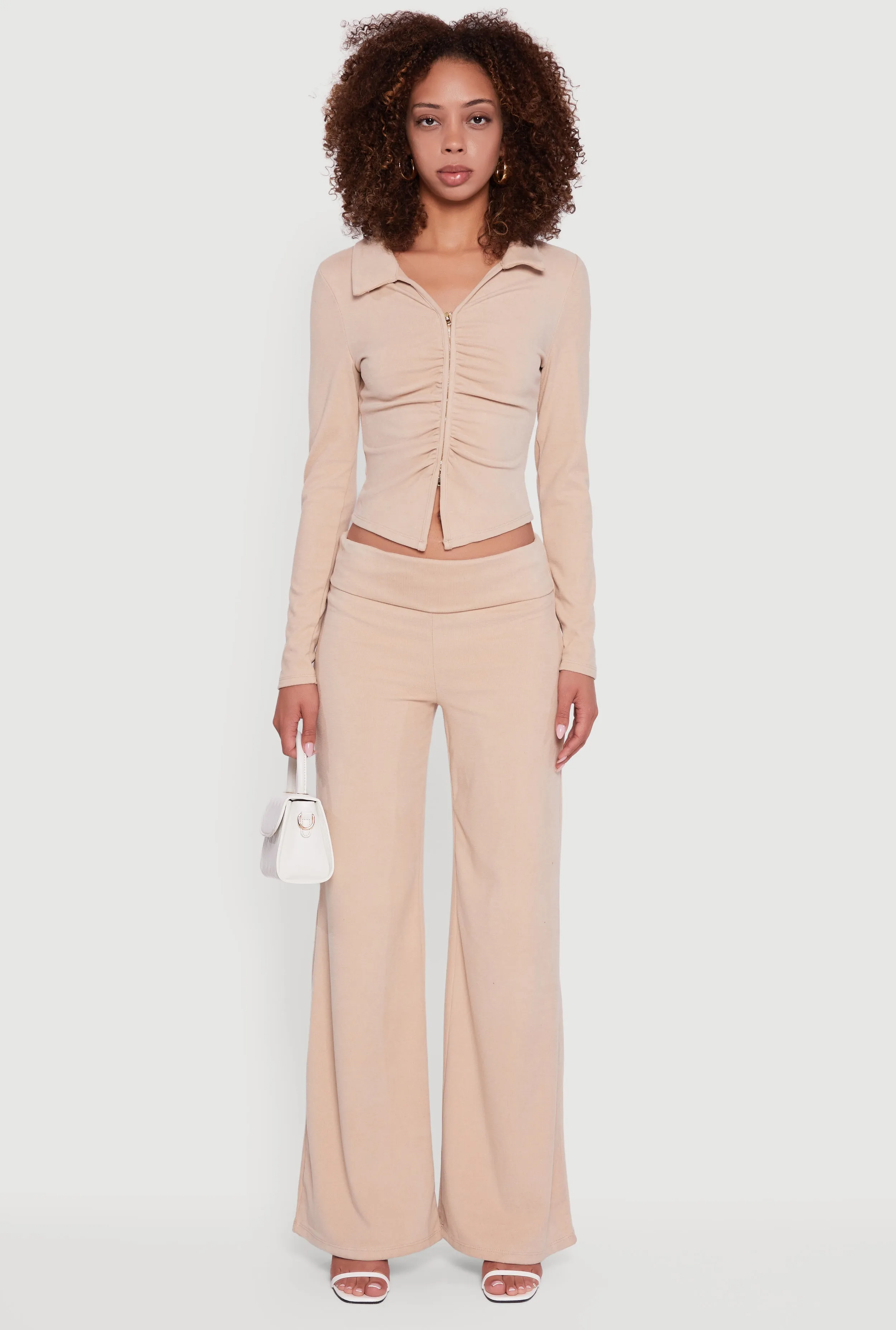 Brushed Rib Knit Ruched Double Zip Front Crop Top sold by Rainbow product image thumbnail 3