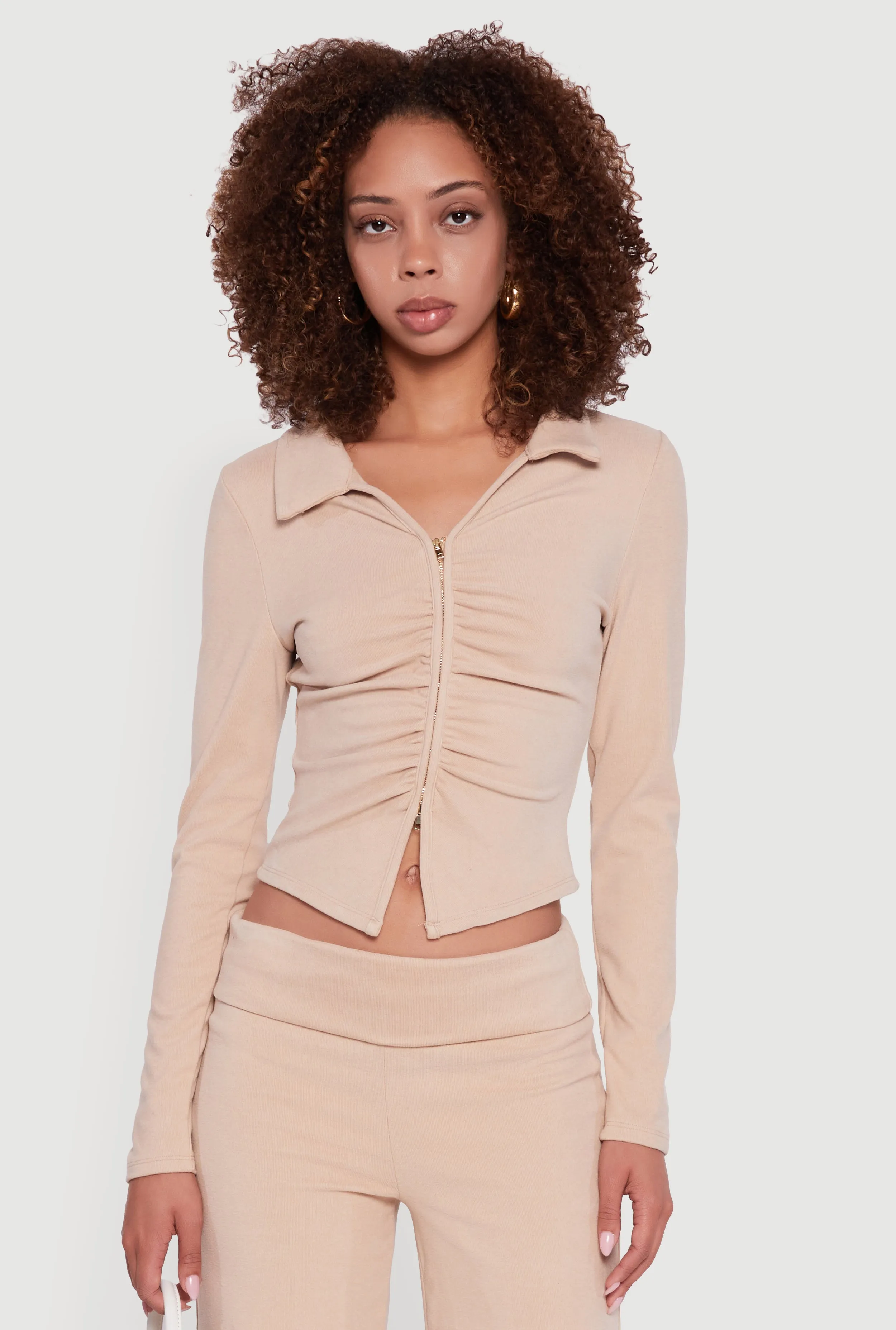 Brushed Rib Knit Ruched Double Zip Front Crop Top sold by Rainbow