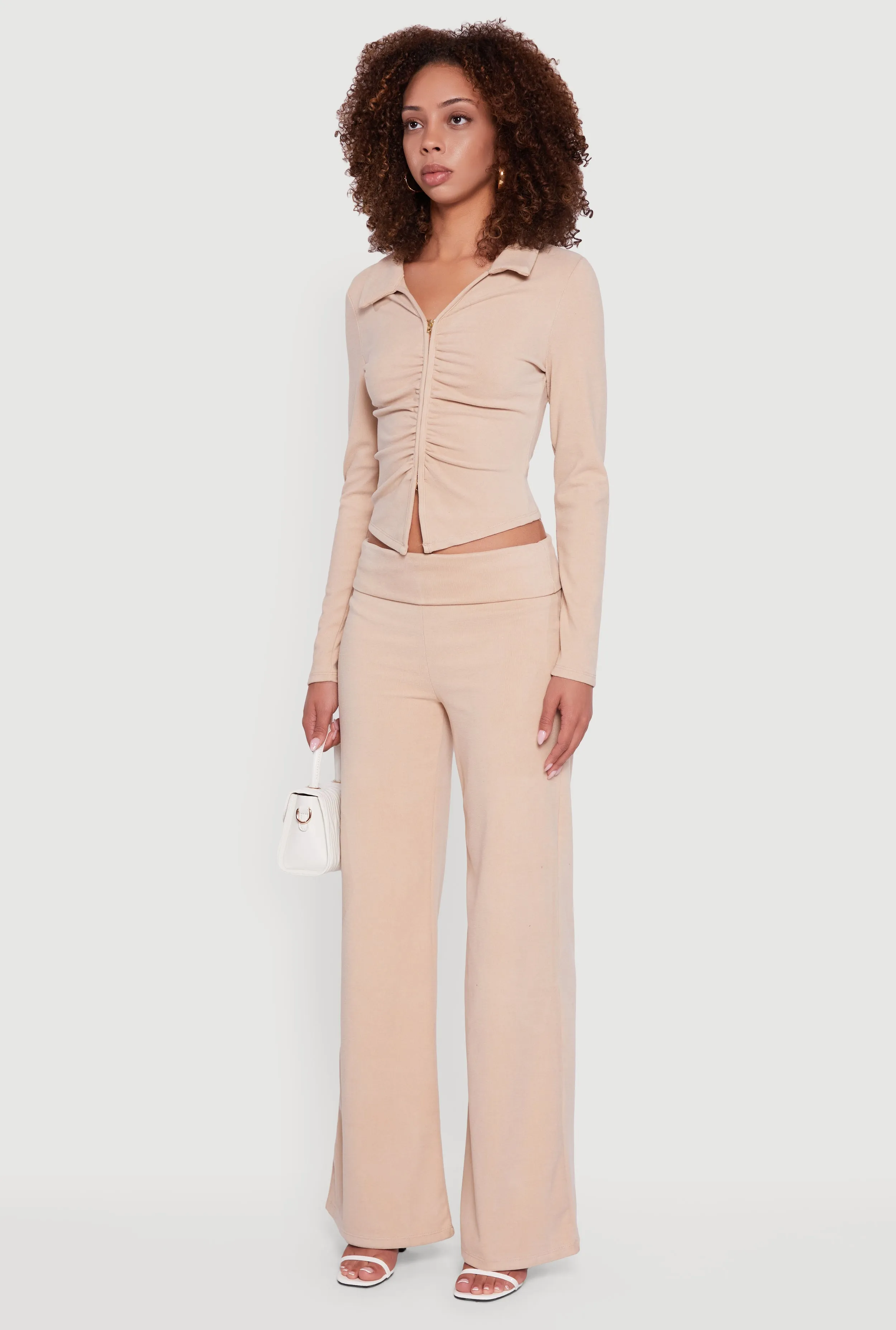 Brushed Rib Knit Ruched Double Zip Front Crop Top sold by Rainbow product image thumbnail 5