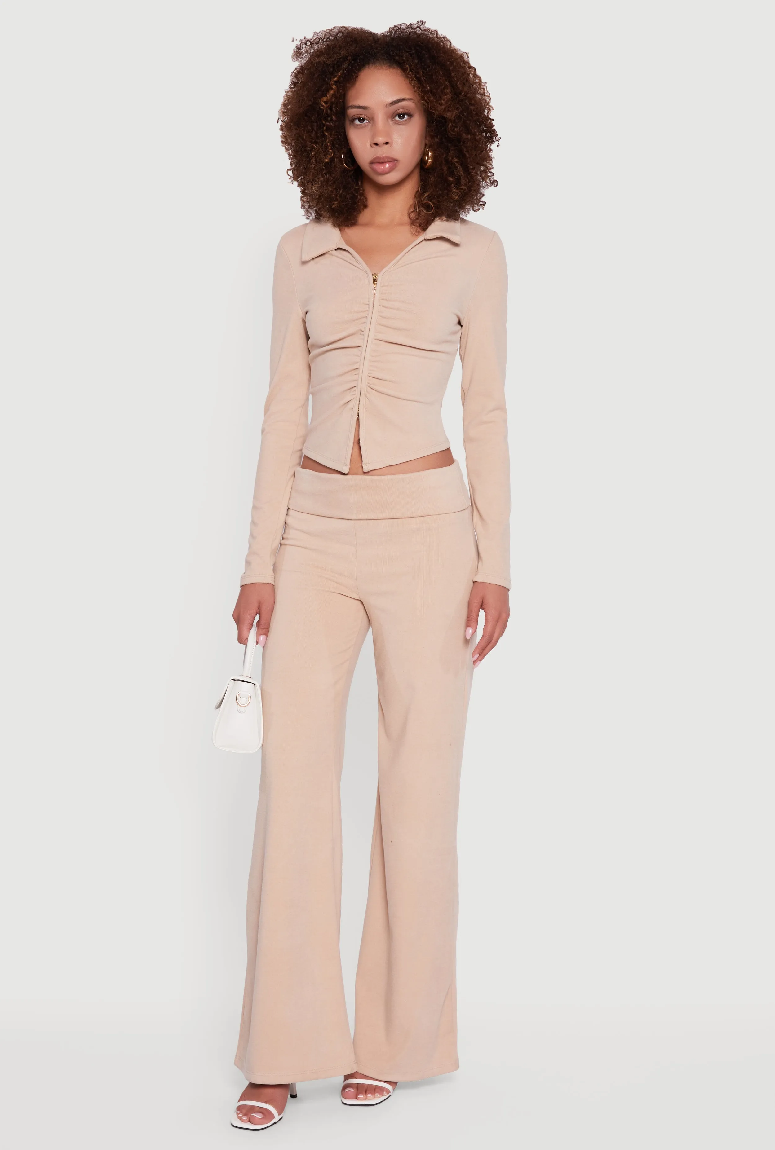 Brushed Rib Knit Ruched Double Zip Front Crop Top sold by Rainbow product image thumbnail 2