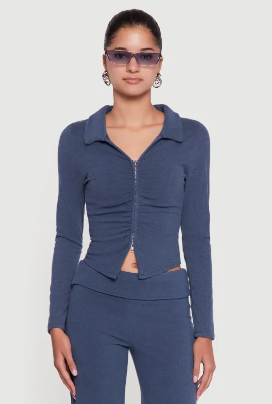 Brushed Rib Knit Ruched Double Zip Front Crop Top sold by Rainbow