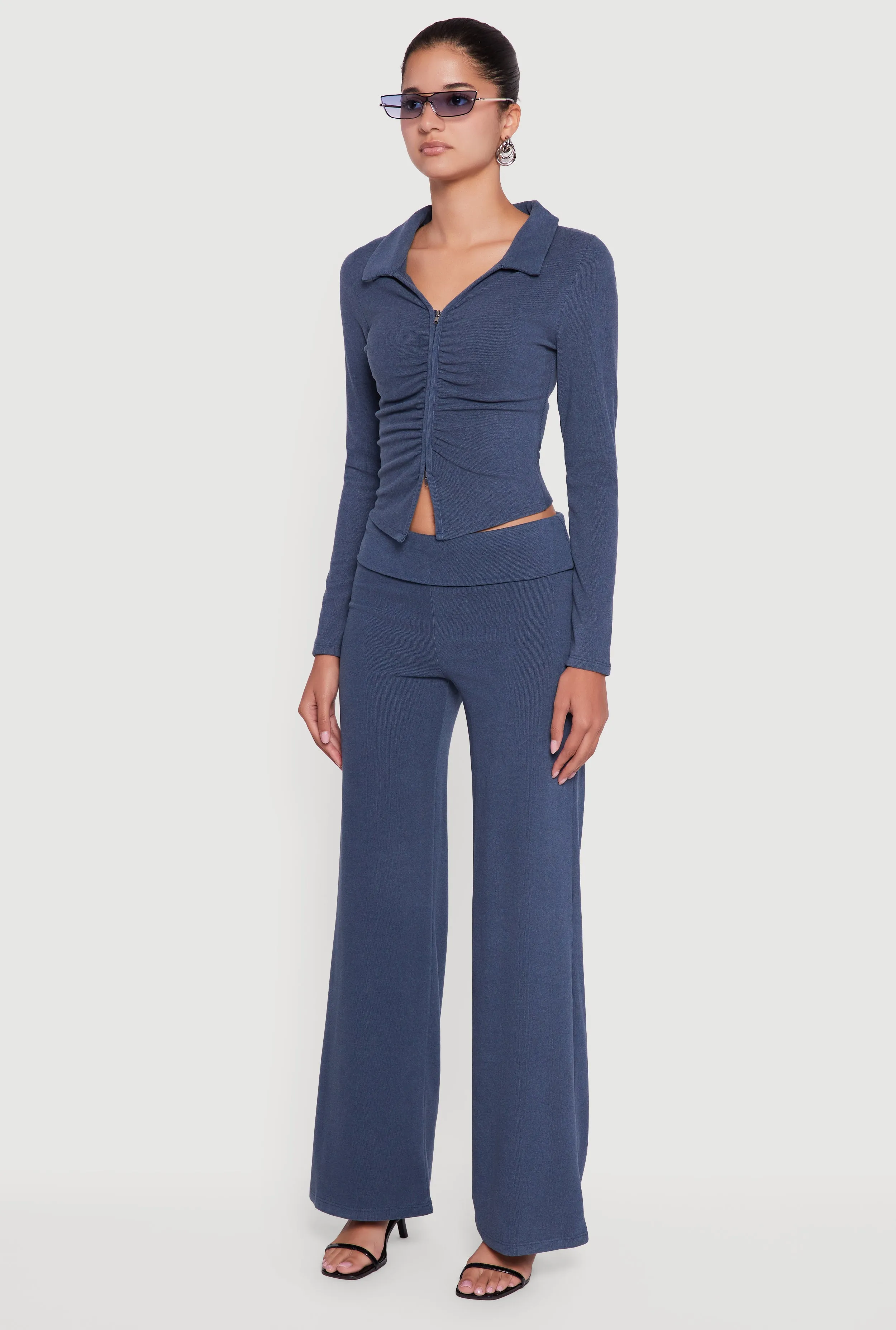 Brushed Rib Knit Ruched Double Zip Front Crop Top sold by Rainbow product image thumbnail 5