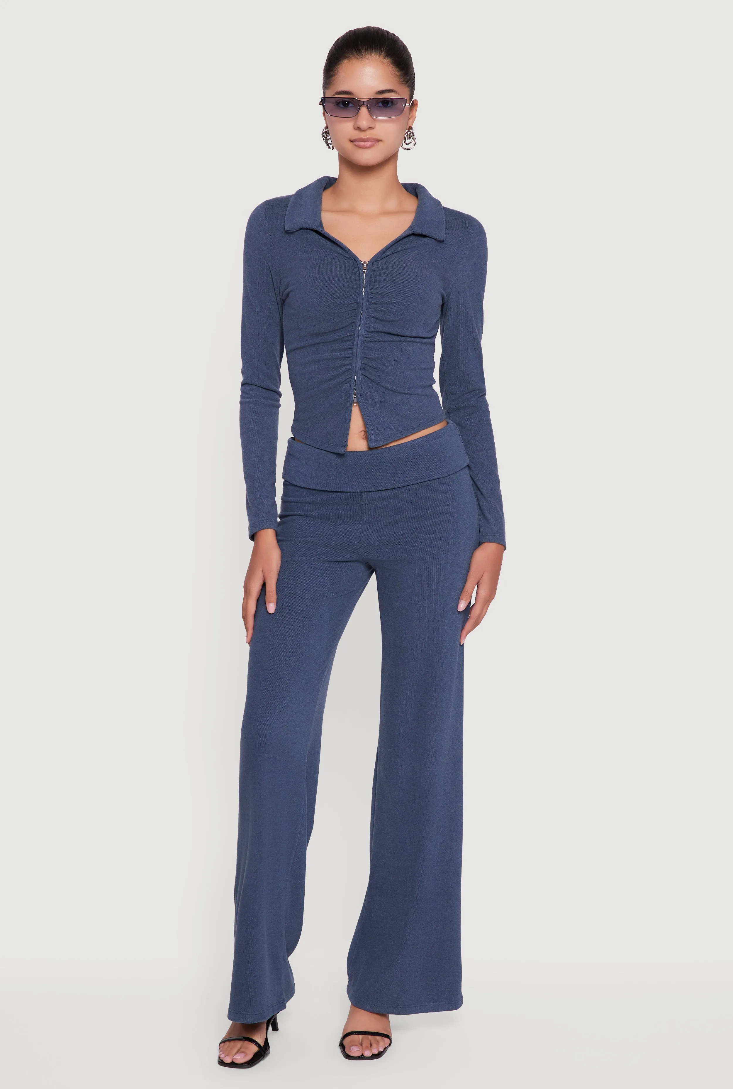 Brushed Rib Knit Ruched Double Zip Front Crop Top sold by Rainbow product image thumbnail 2