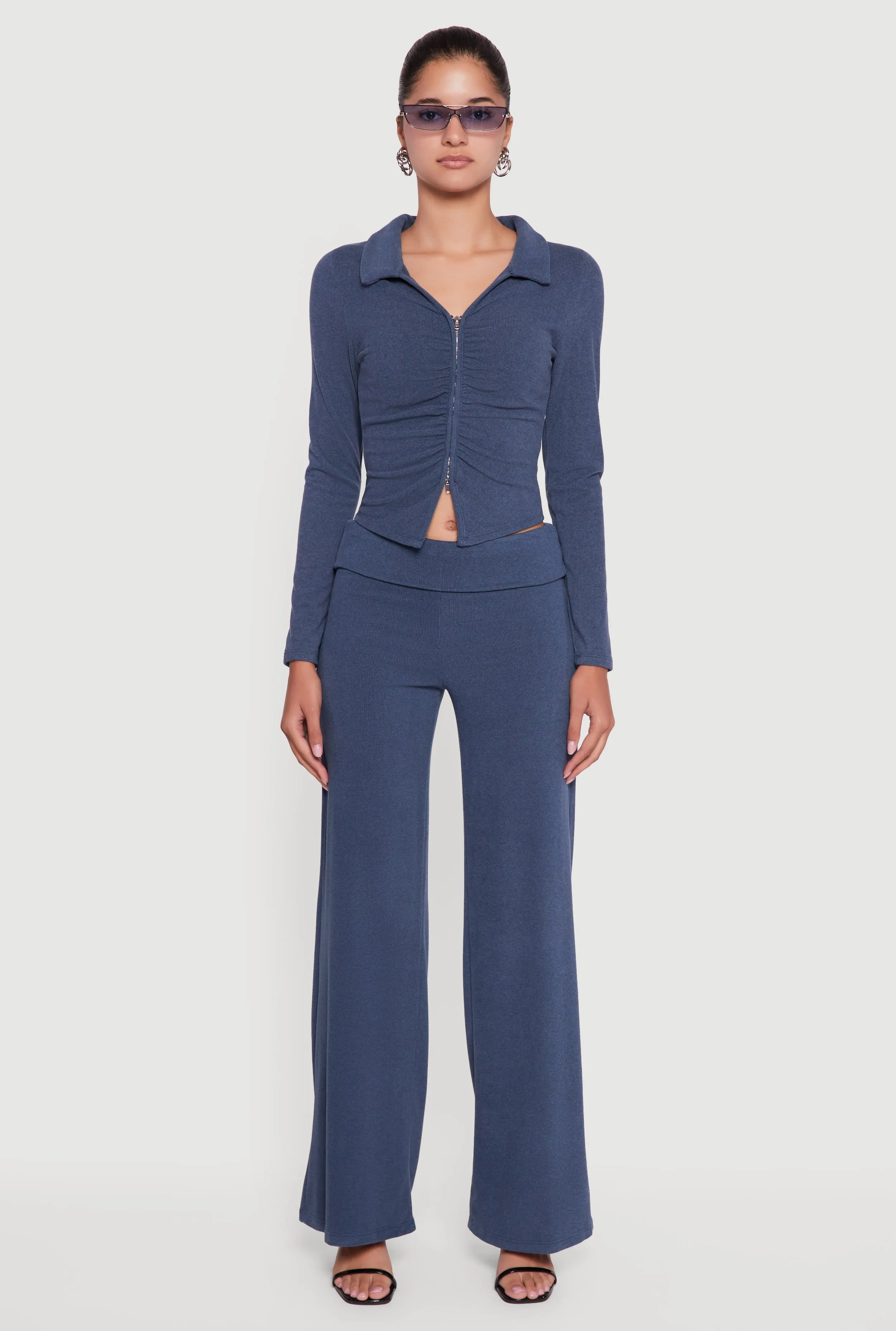 Brushed Rib Knit Ruched Double Zip Front Crop Top sold by Rainbow product image thumbnail 3