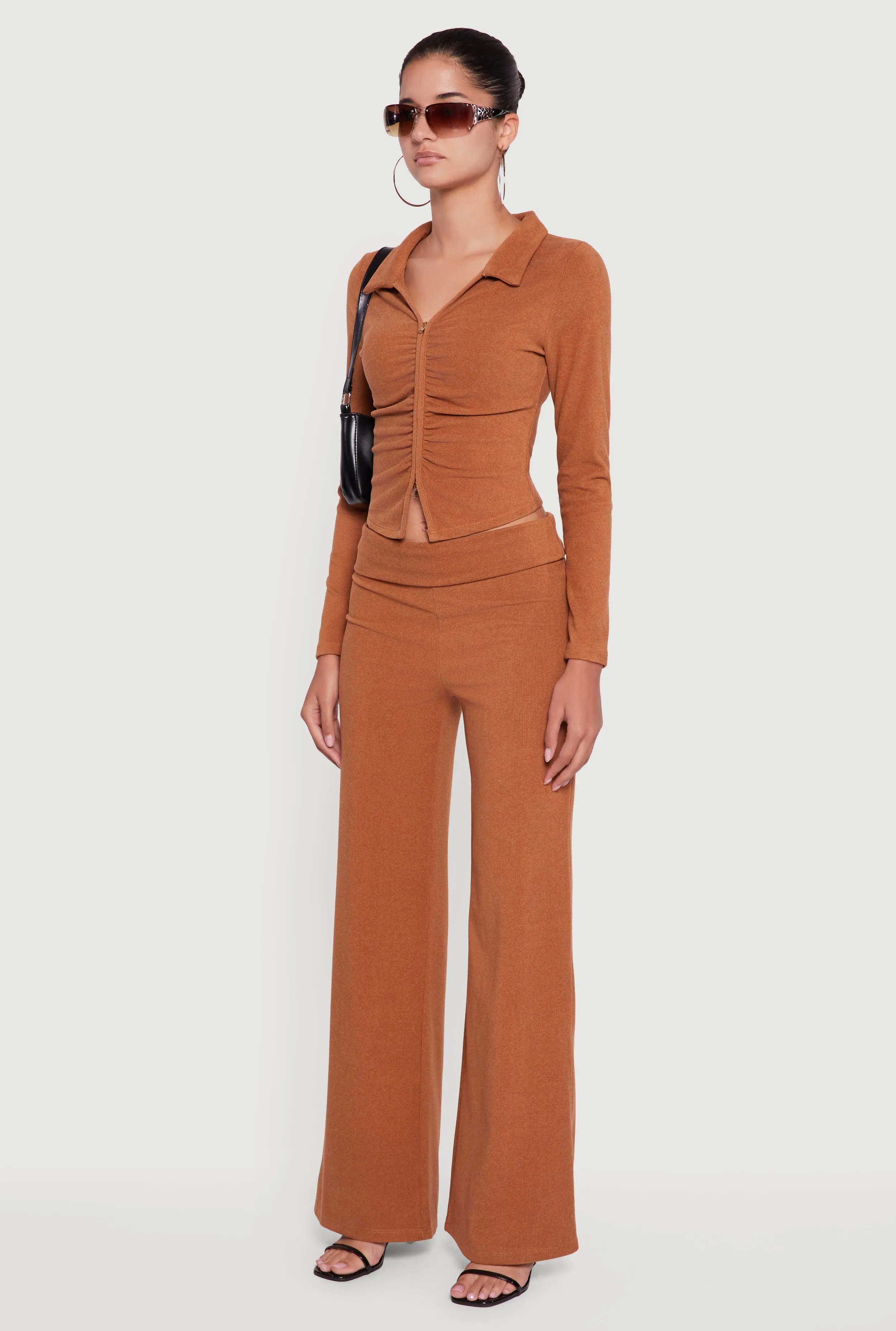 Brushed Rib Knit Ruched Double Zip Front Crop Top sold by Rainbow product image thumbnail 5