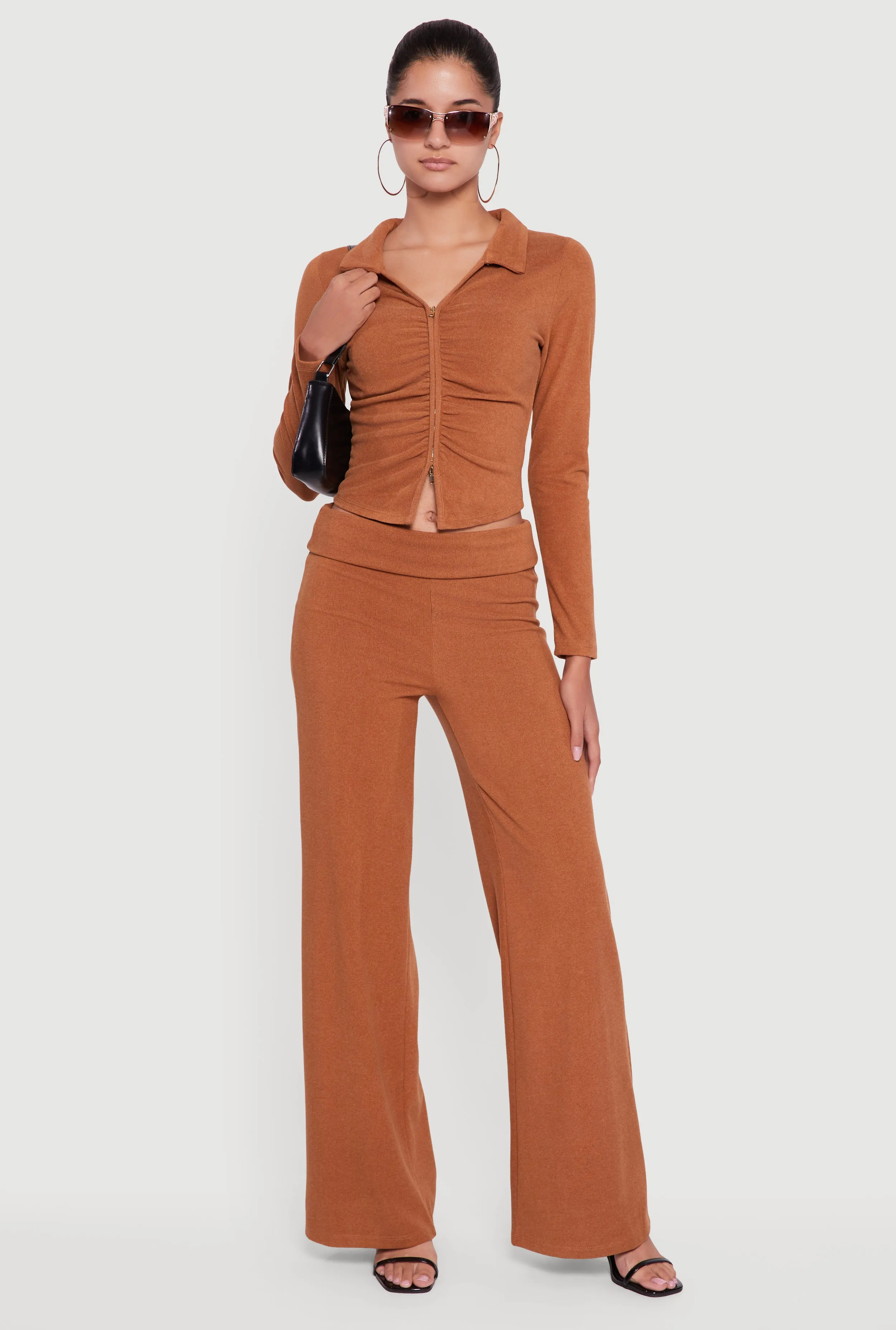 Brushed Rib Knit Ruched Double Zip Front Crop Top sold by Rainbow product image thumbnail 2