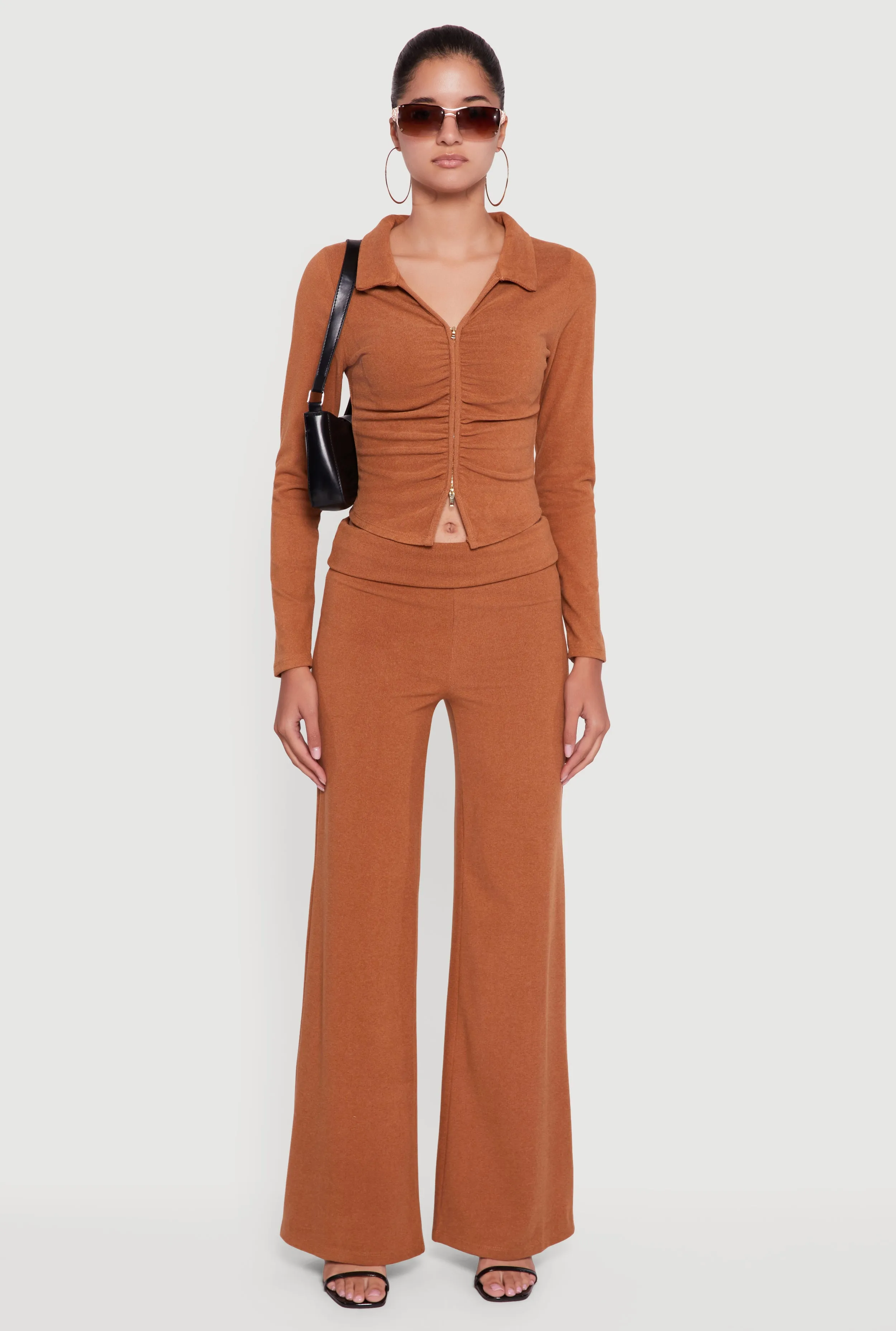 Brushed Rib Knit Ruched Double Zip Front Crop Top sold by Rainbow product image thumbnail 3