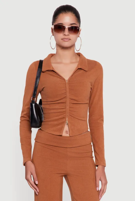 Brushed Rib Knit Ruched Double Zip Front Crop Top sold by Rainbow