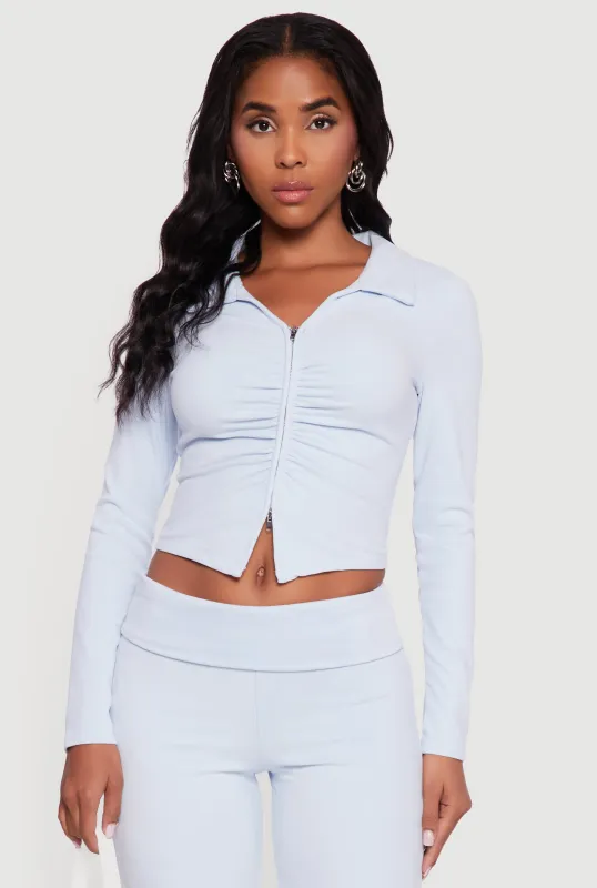 Brushed Rib Knit Ruched Double Zip Front Crop Top sold by Rainbow