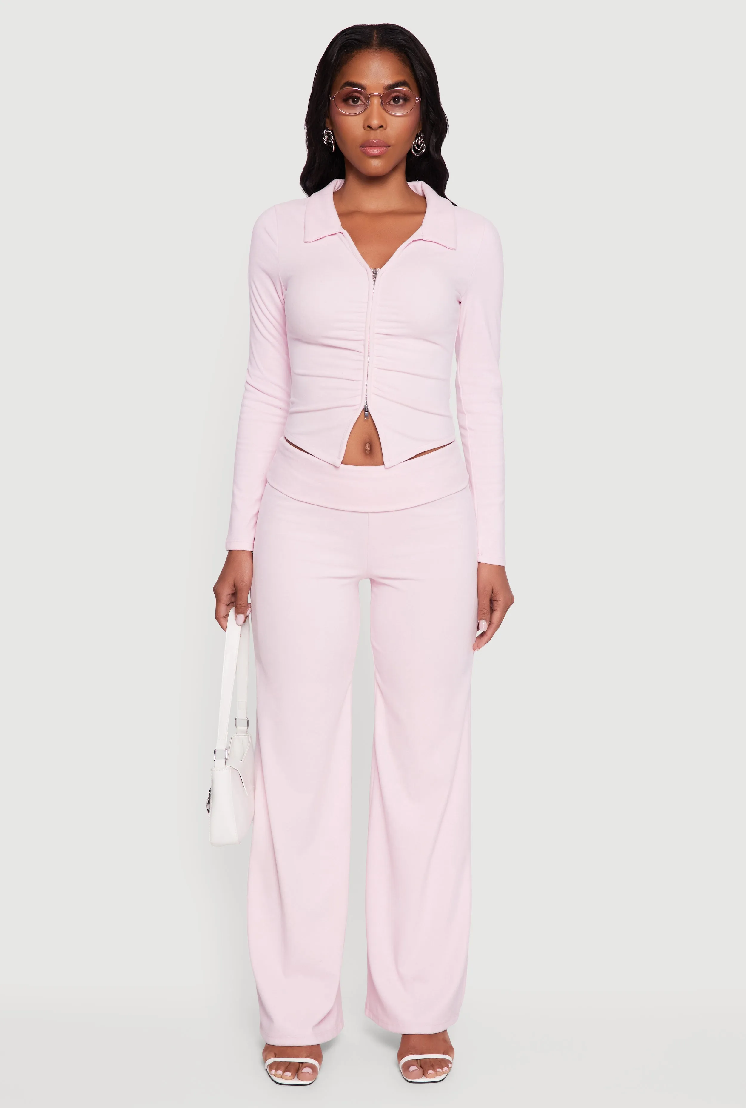 Brushed Rib Knit Ruched Double Zip Front Crop Top sold by Rainbow product image thumbnail 3