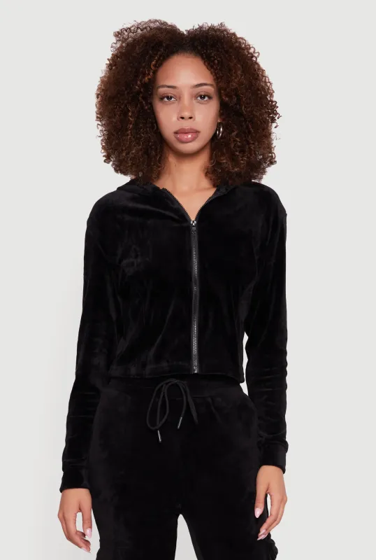 Velour Cropped Zip Front Hooded Track Jacket sold by Rainbow