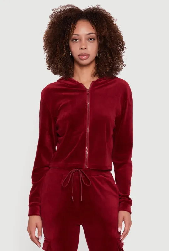 Velour Cropped Zip Front Hooded Track Jacket sold by Rainbow