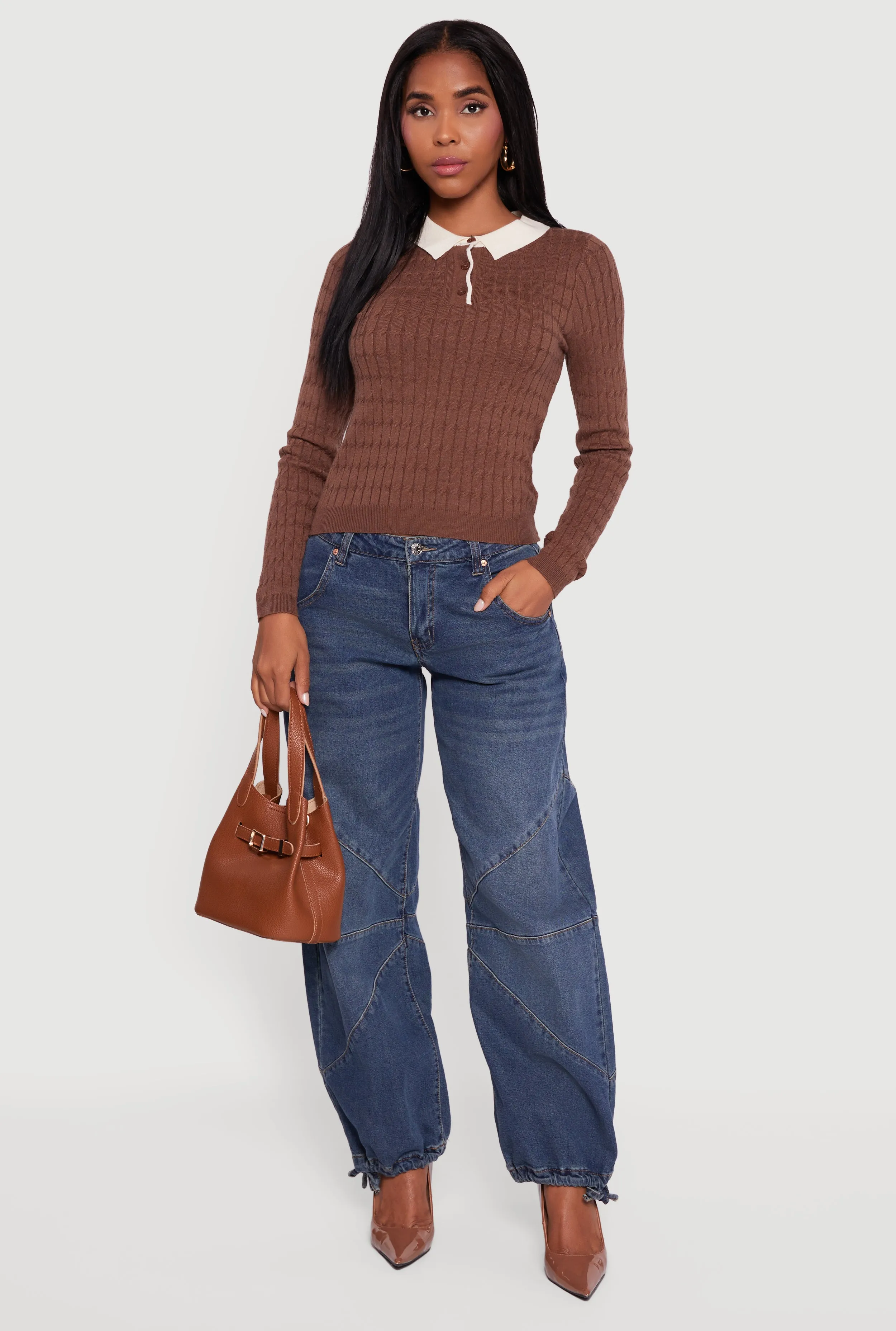 Cable Knit Contrast Trim Polo Sweater sold by Rainbow