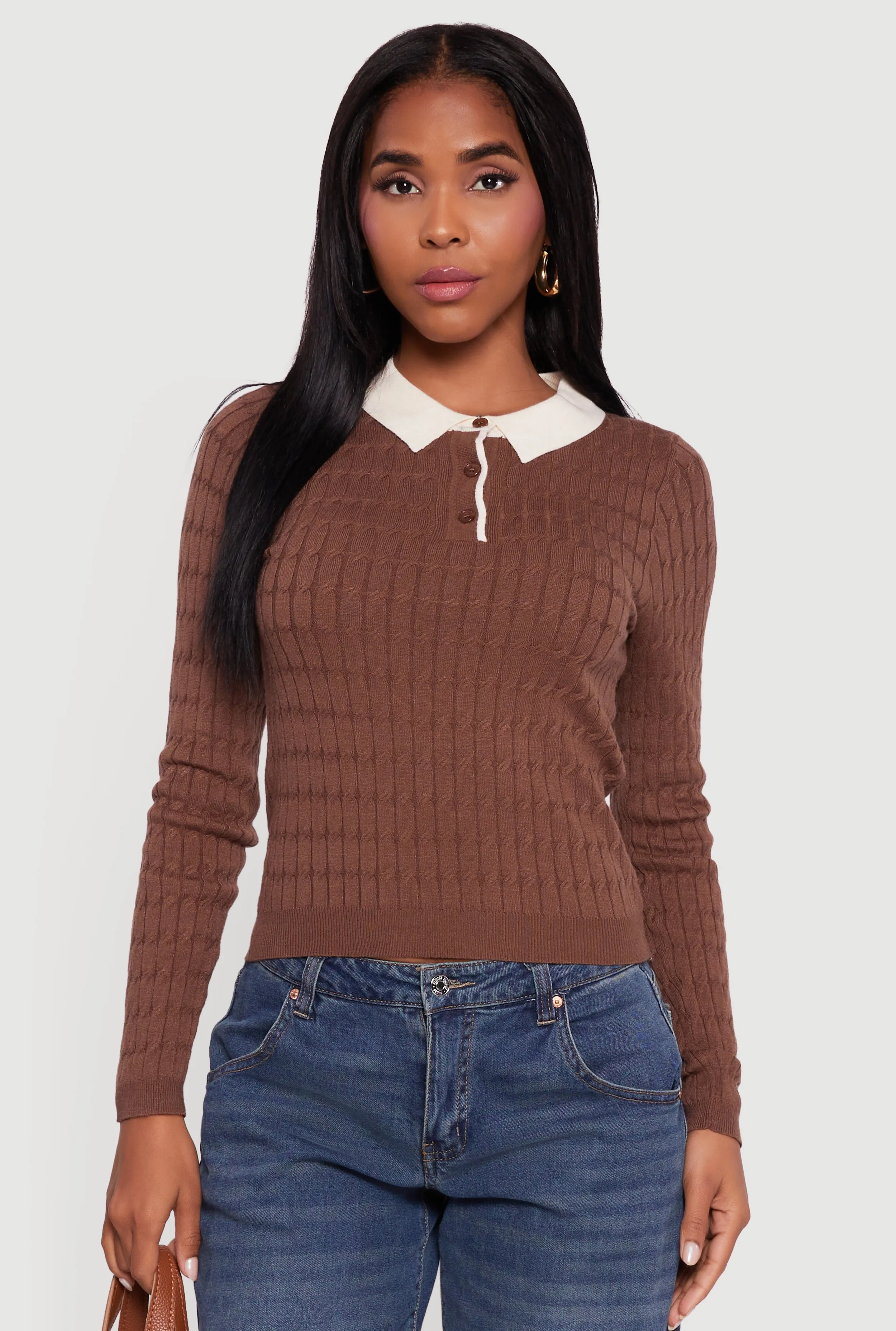Cable Knit Contrast Trim Polo Sweater sold by Rainbow product image thumbnail 2