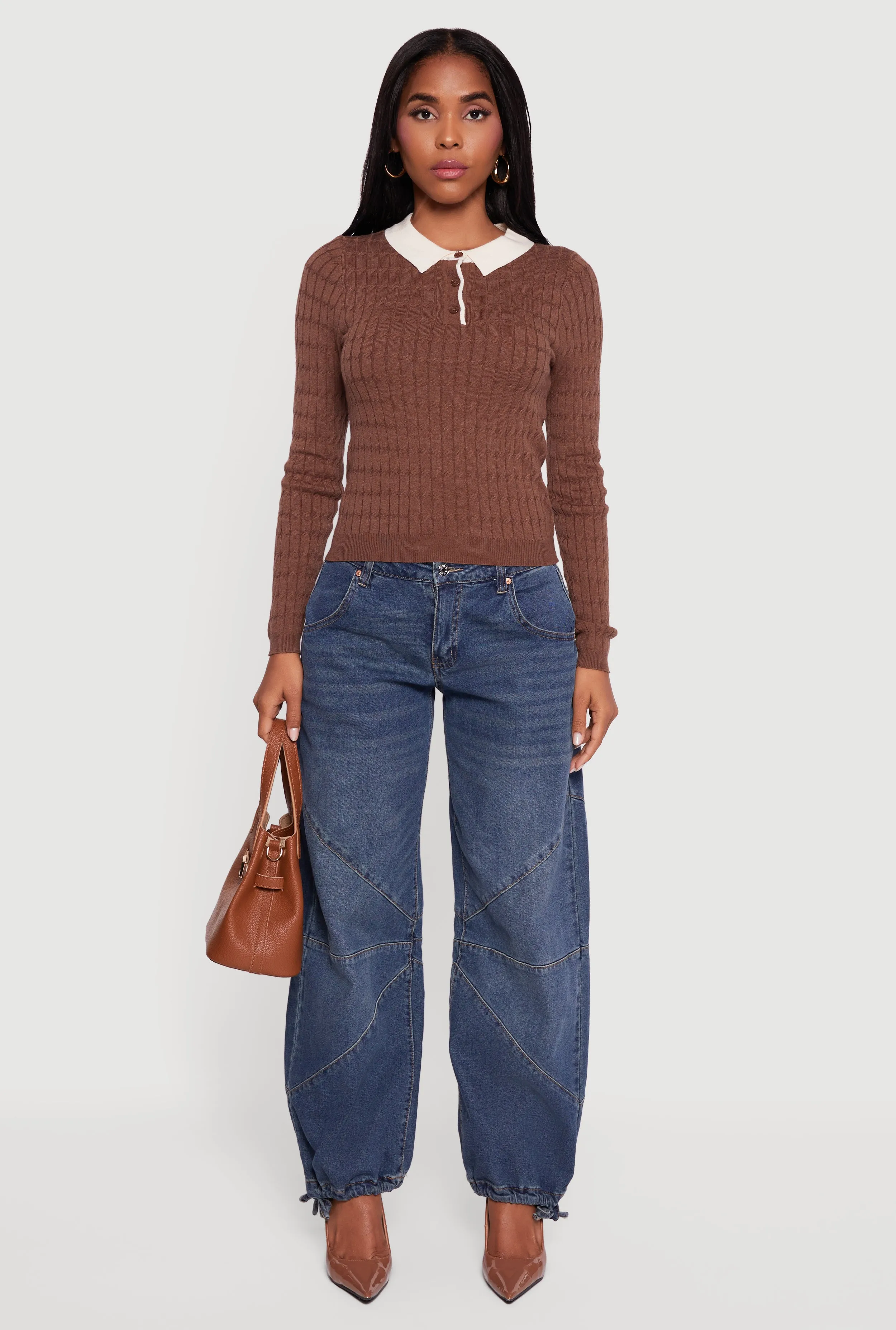 Cable Knit Contrast Trim Polo Sweater sold by Rainbow product image thumbnail 3