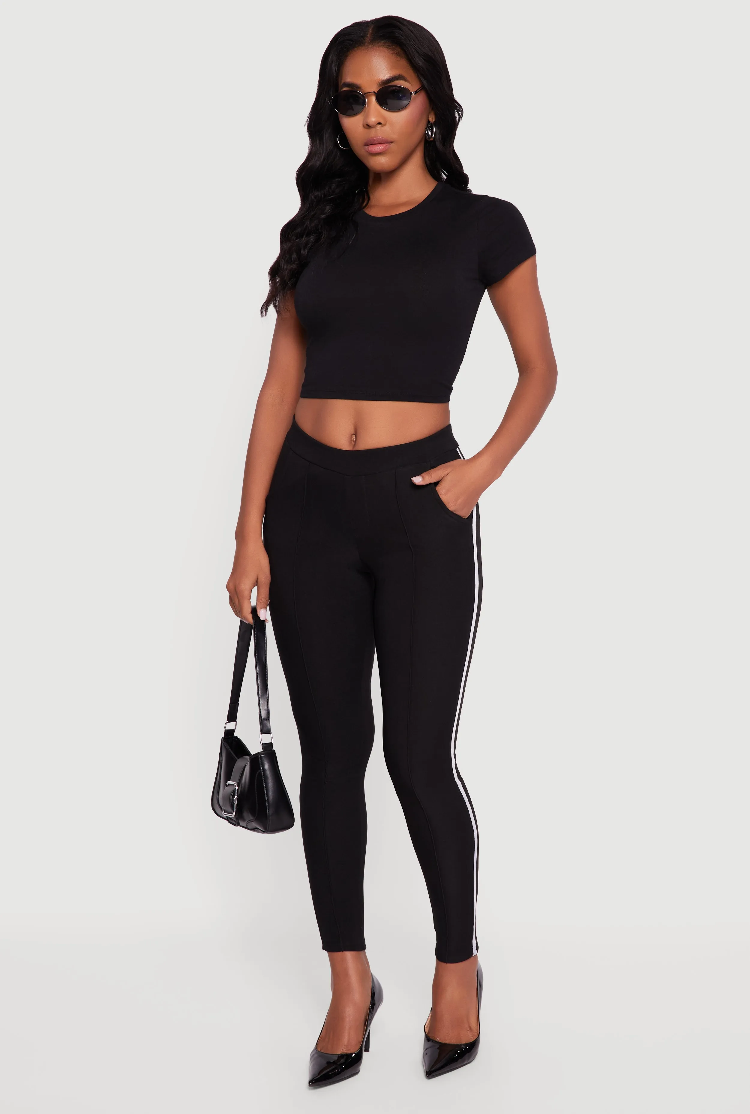 Mid Rise Skinny Leg Pants with Side Stripe sold by Rainbow