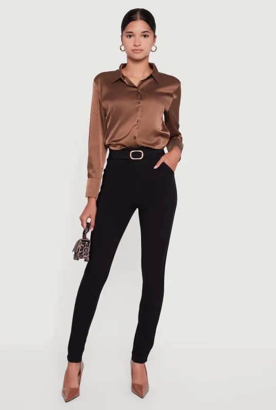 Skinny Leg Scuba Dress Pants with Buckle Front sold by Rainbow