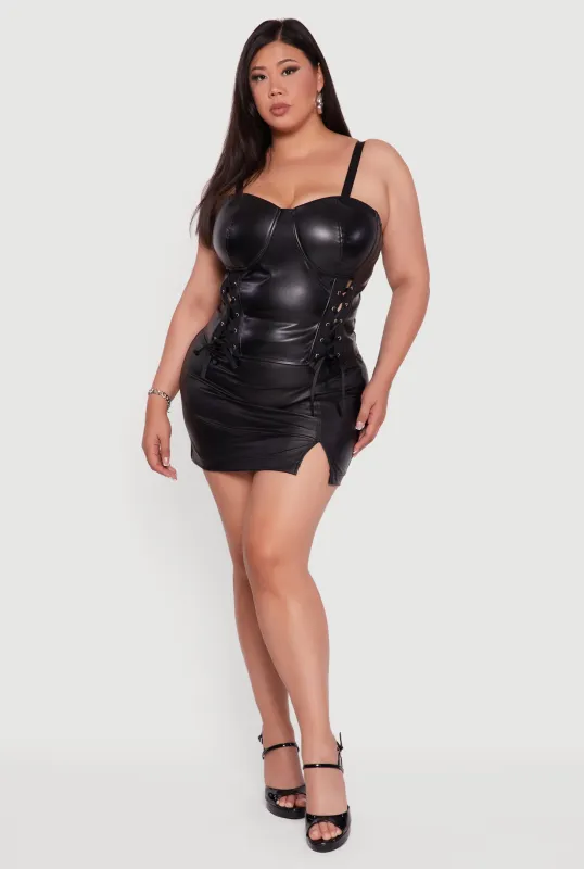 Plus Size Satin Smocked Back Faux Leather Bustier Top sold by Rainbow