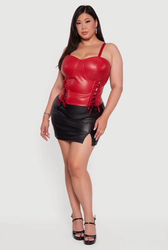 Plus Size Satin Smocked Back Faux Leather Bustier Top sold by Rainbow
