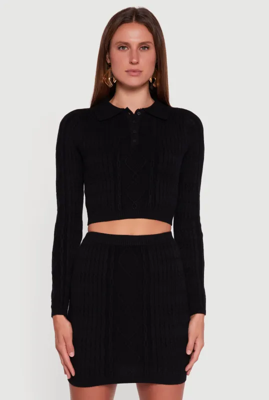 Cable Knit Polo Collar Cropped Sweater sold by Rainbow