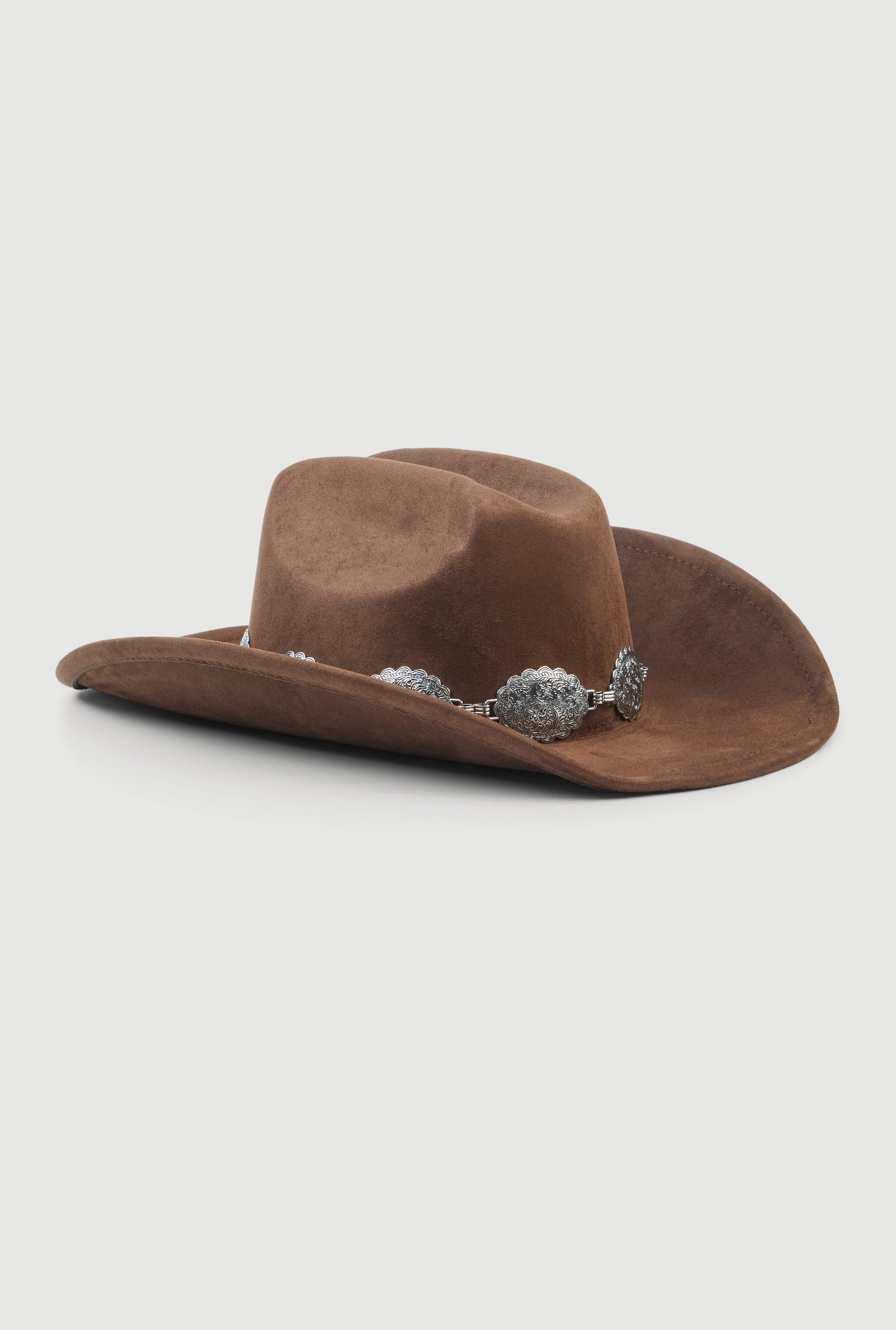 Concho Chain Detail Faux Suede Cowboy Hat sold by Rainbow