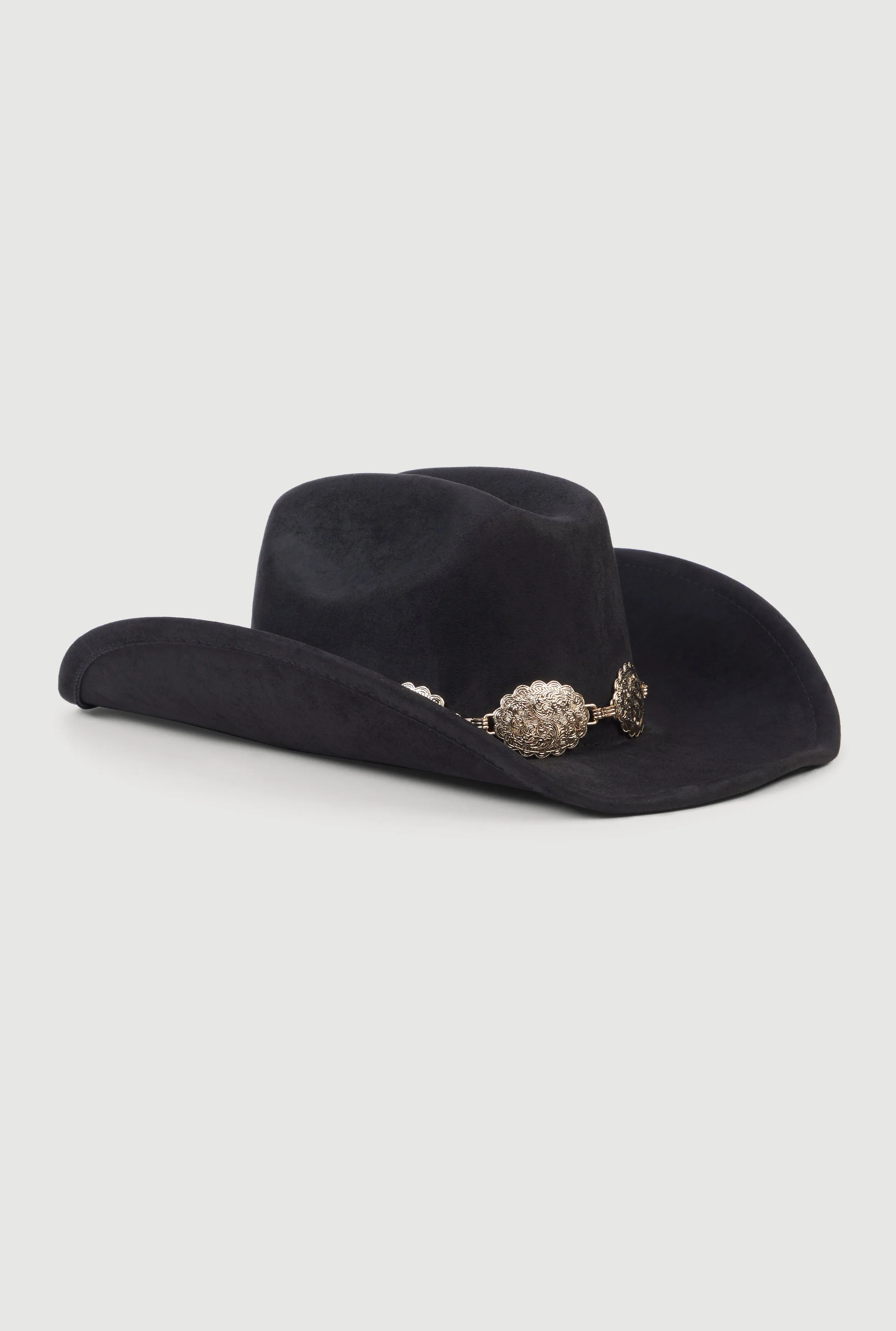 Concho Chain Faux Suede Cowboy Hat sold by Rainbow