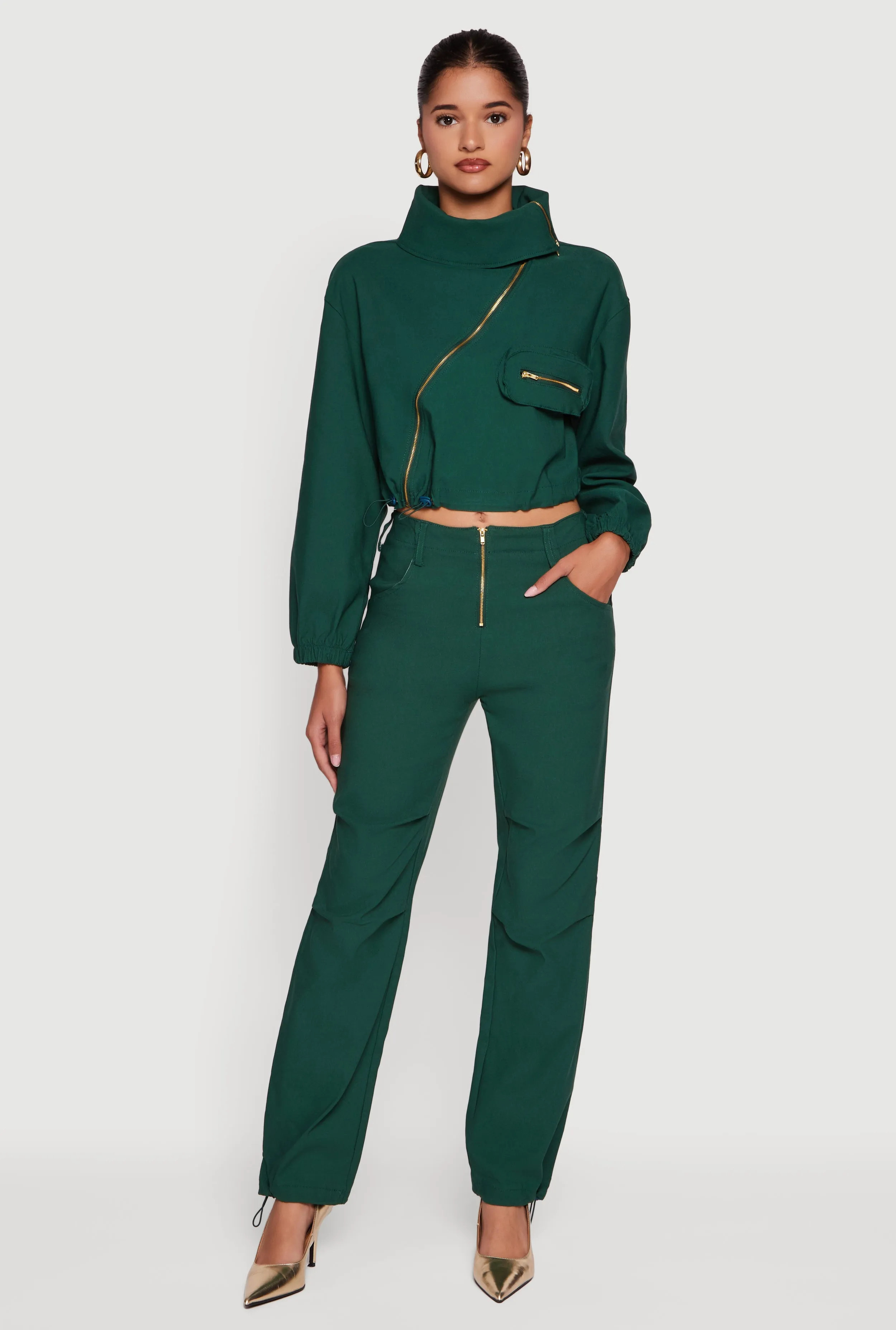 Mid Rise Zip Front Pants with Toggle Drawstring Hem sold by Rainbow