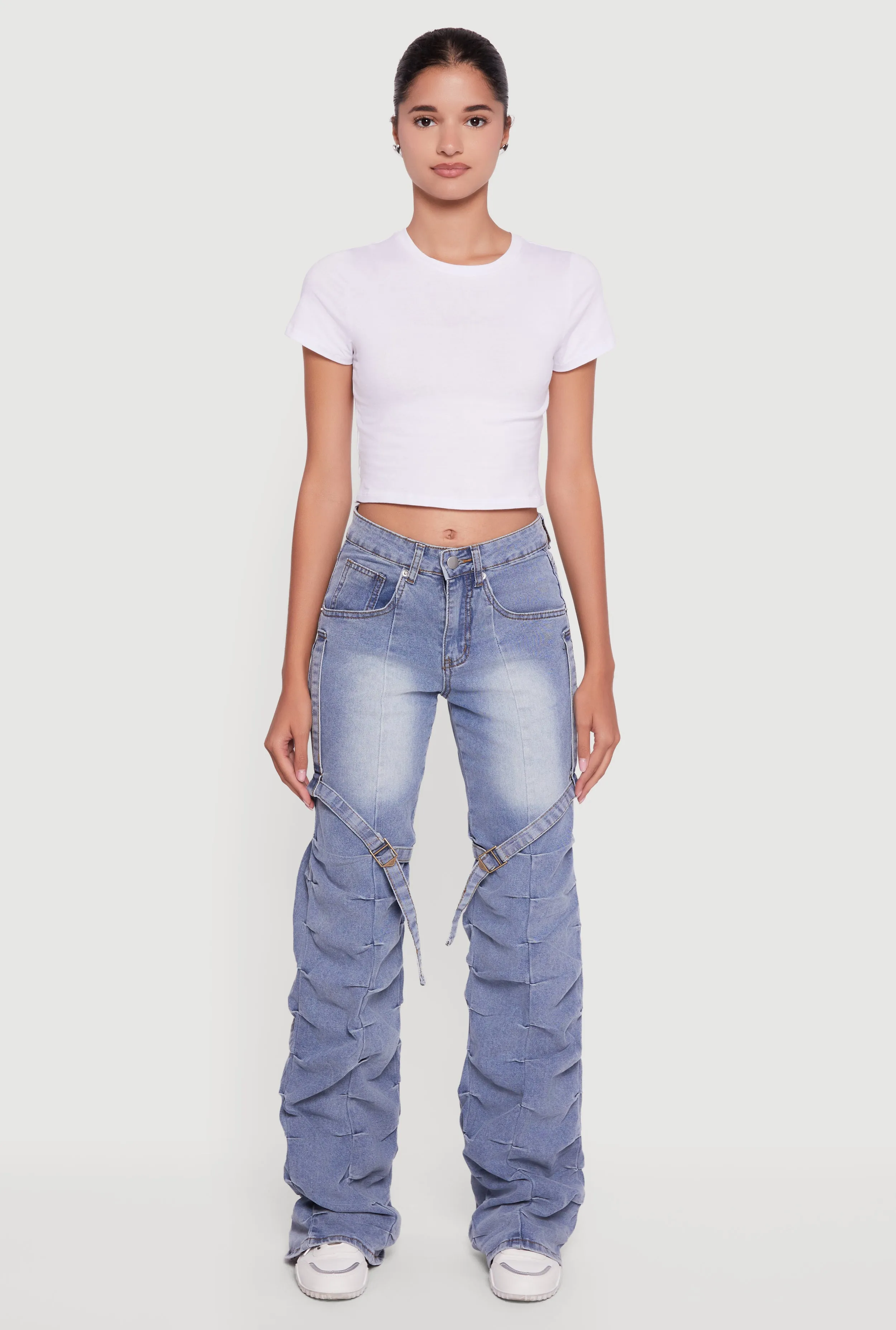 Pintuck Detail Stacked Straight Leg Jeans with Thigh Straps sold by Rainbow product image thumbnail 2