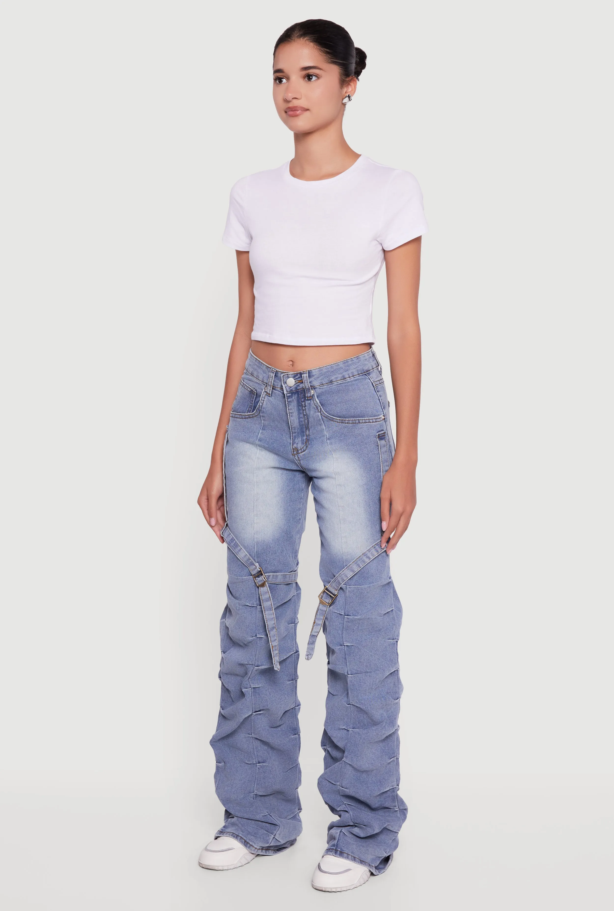 Pintuck Detail Stacked Straight Leg Jeans with Thigh Straps sold by Rainbow product image thumbnail 3
