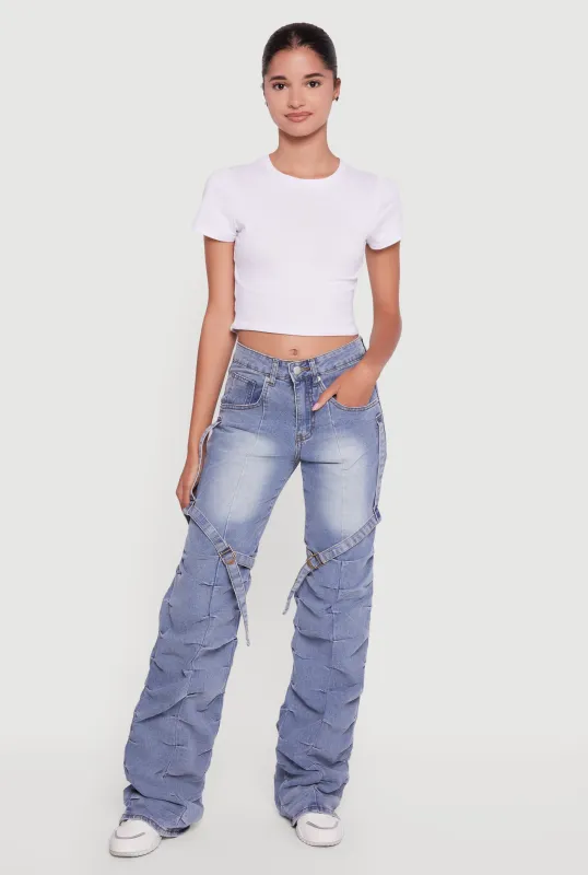 Pintuck Detail Stacked Straight Leg Jeans with Thigh Straps sold by Rainbow