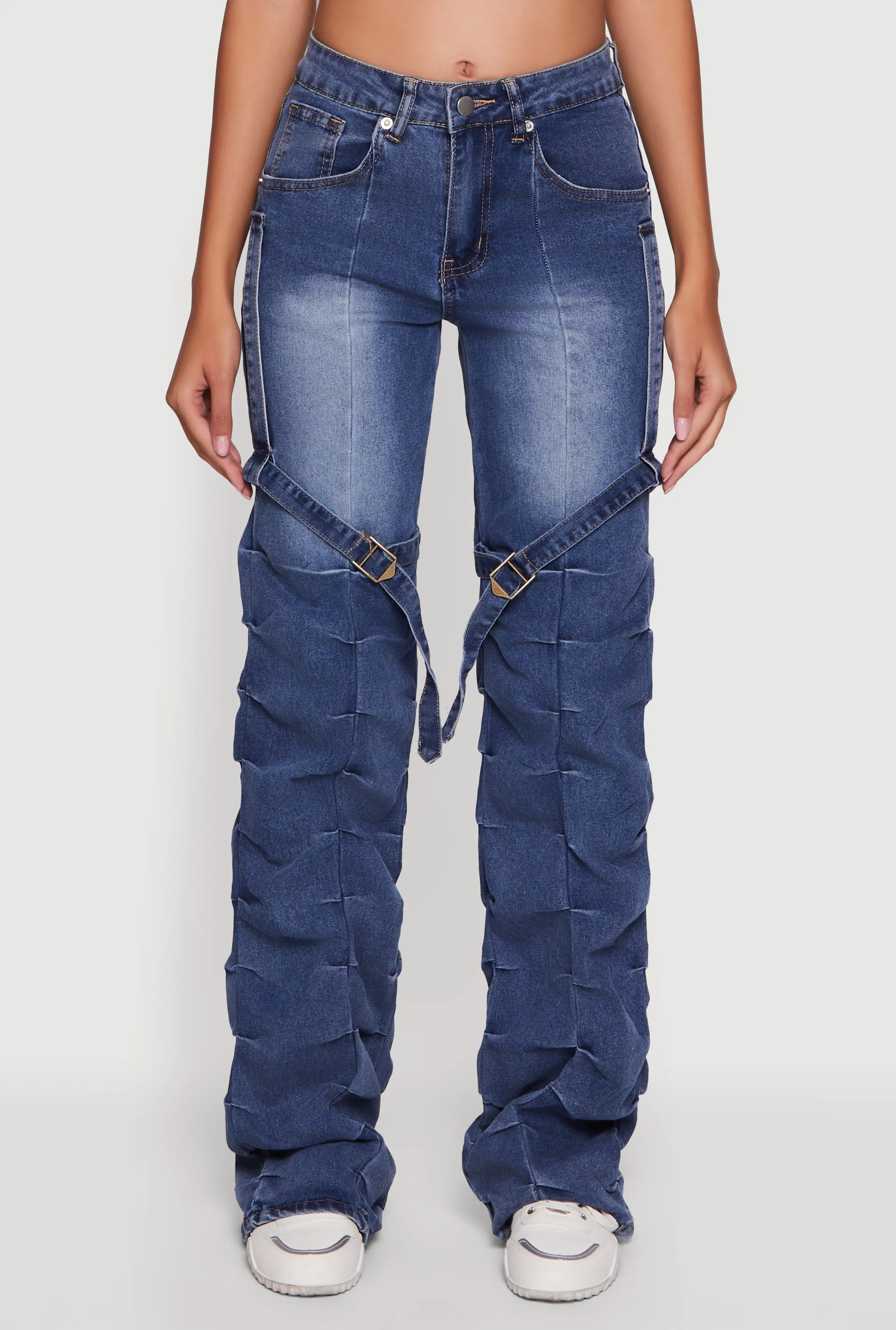 Pintuck Detail Stacked Straight Leg Jeans with Thigh Straps sold by Rainbow product image thumbnail 5