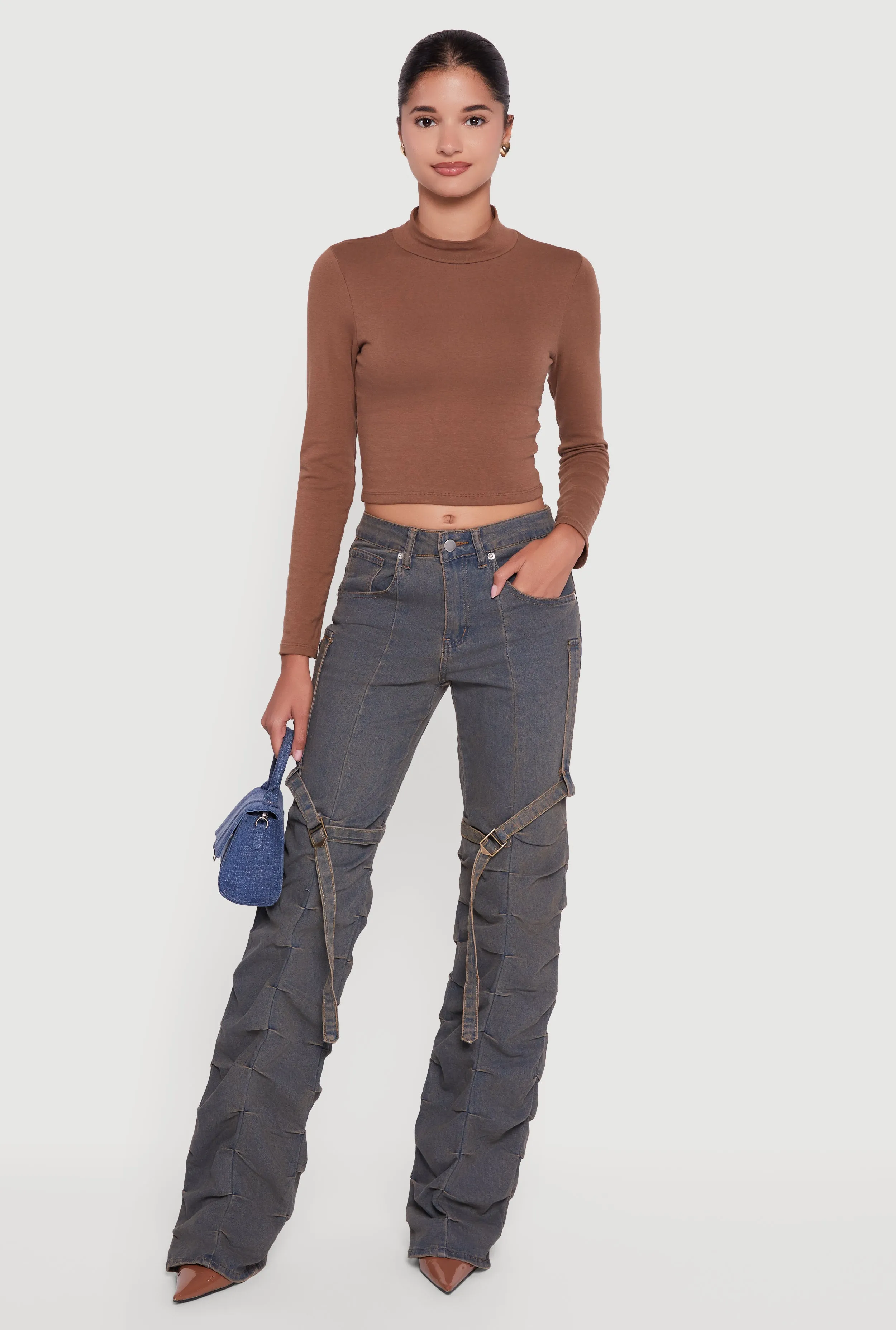 Pintuck Detail Stacked Straight Leg Jeans with Thigh Straps sold by Rainbow