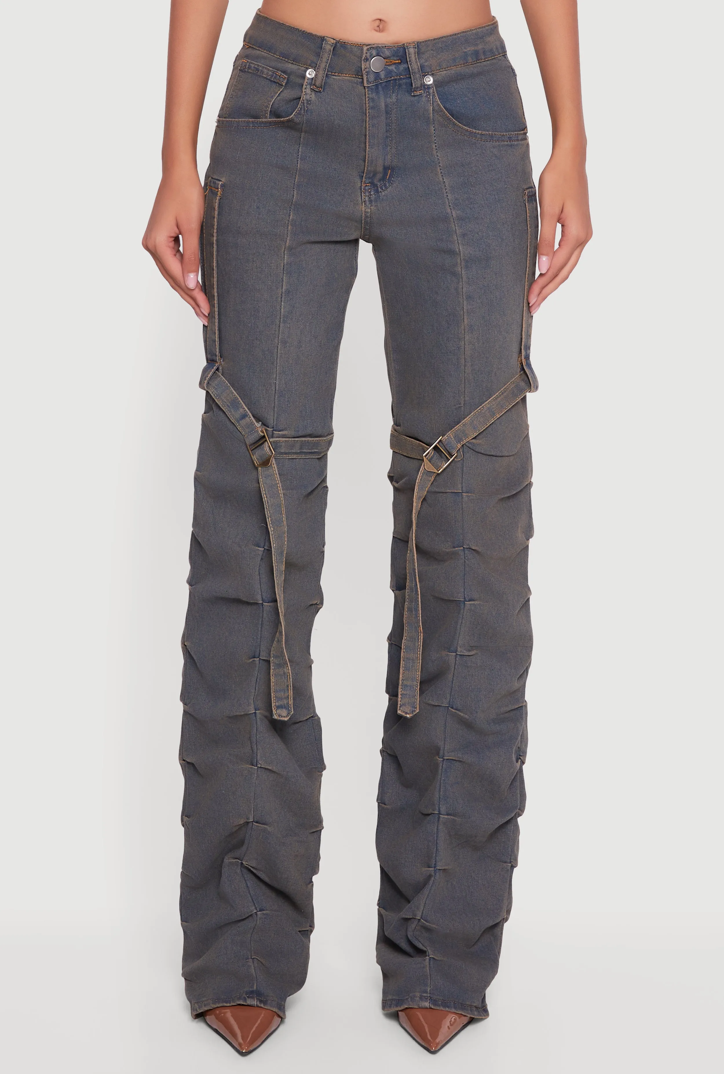 Pintuck Detail Stacked Straight Leg Jeans with Thigh Straps sold by Rainbow product image thumbnail 5